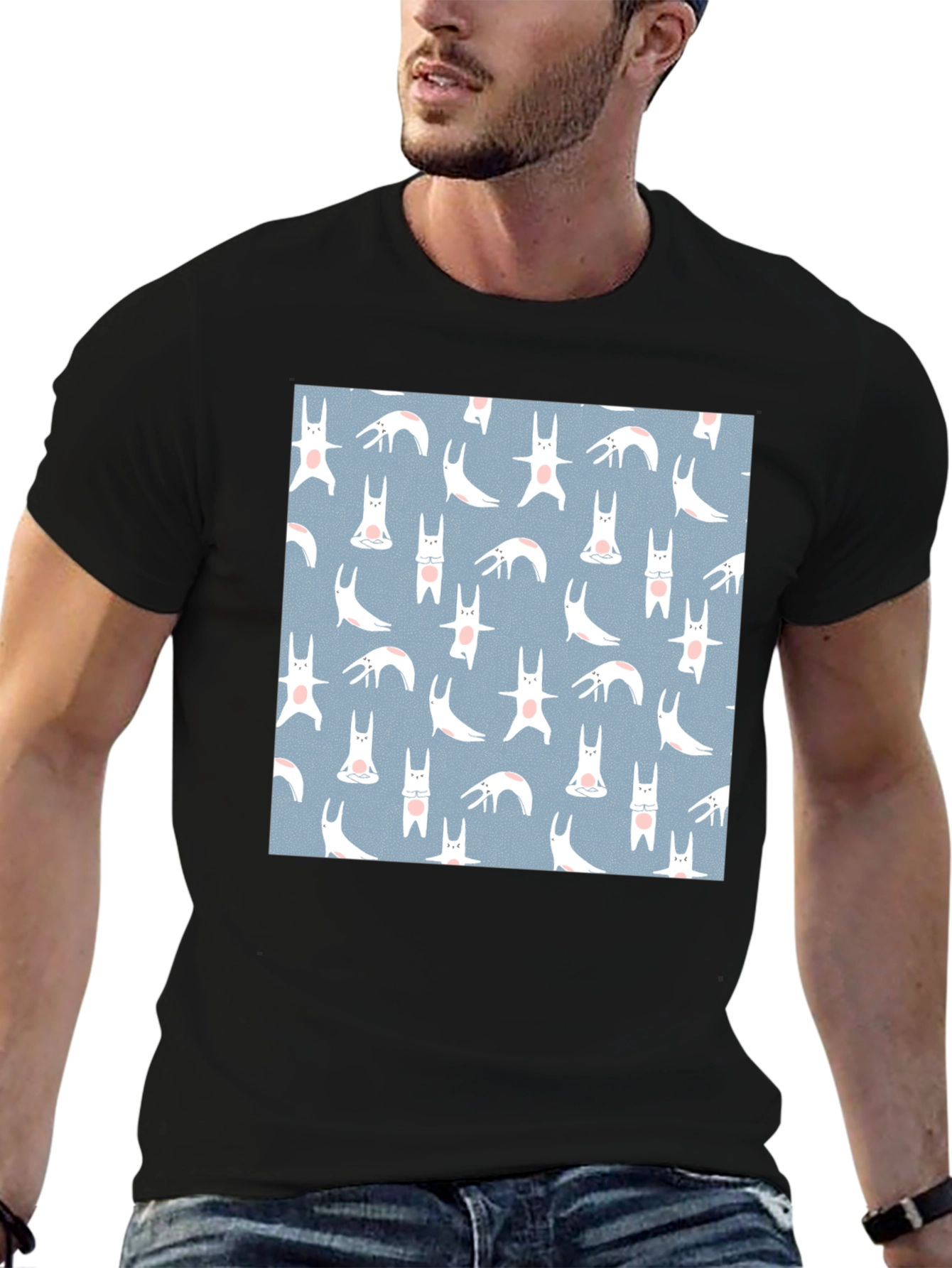 Black Tee with Bunny Yoga Pattern