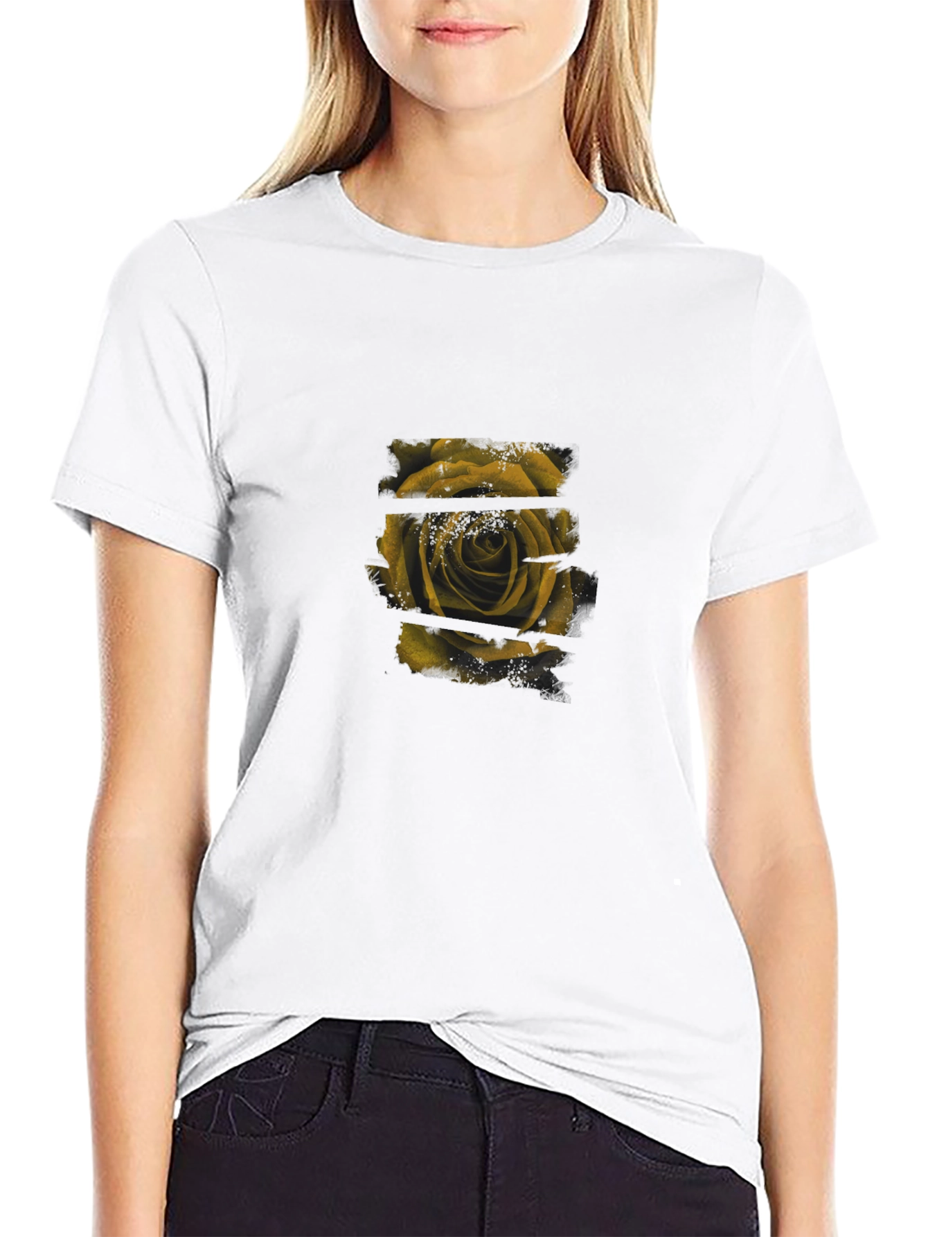 Stylish Black T-Shirt with Rose Graphic Print