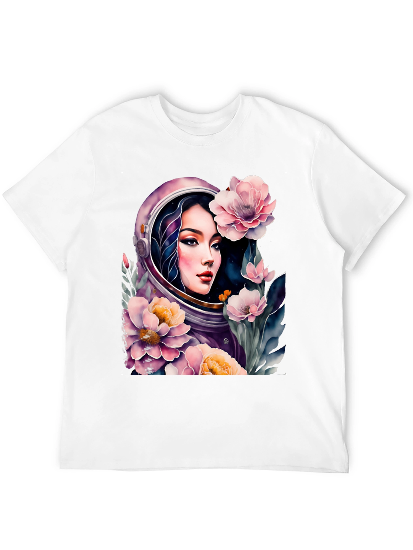 Astronaut Girl in Floral Space - Black T-Shirt