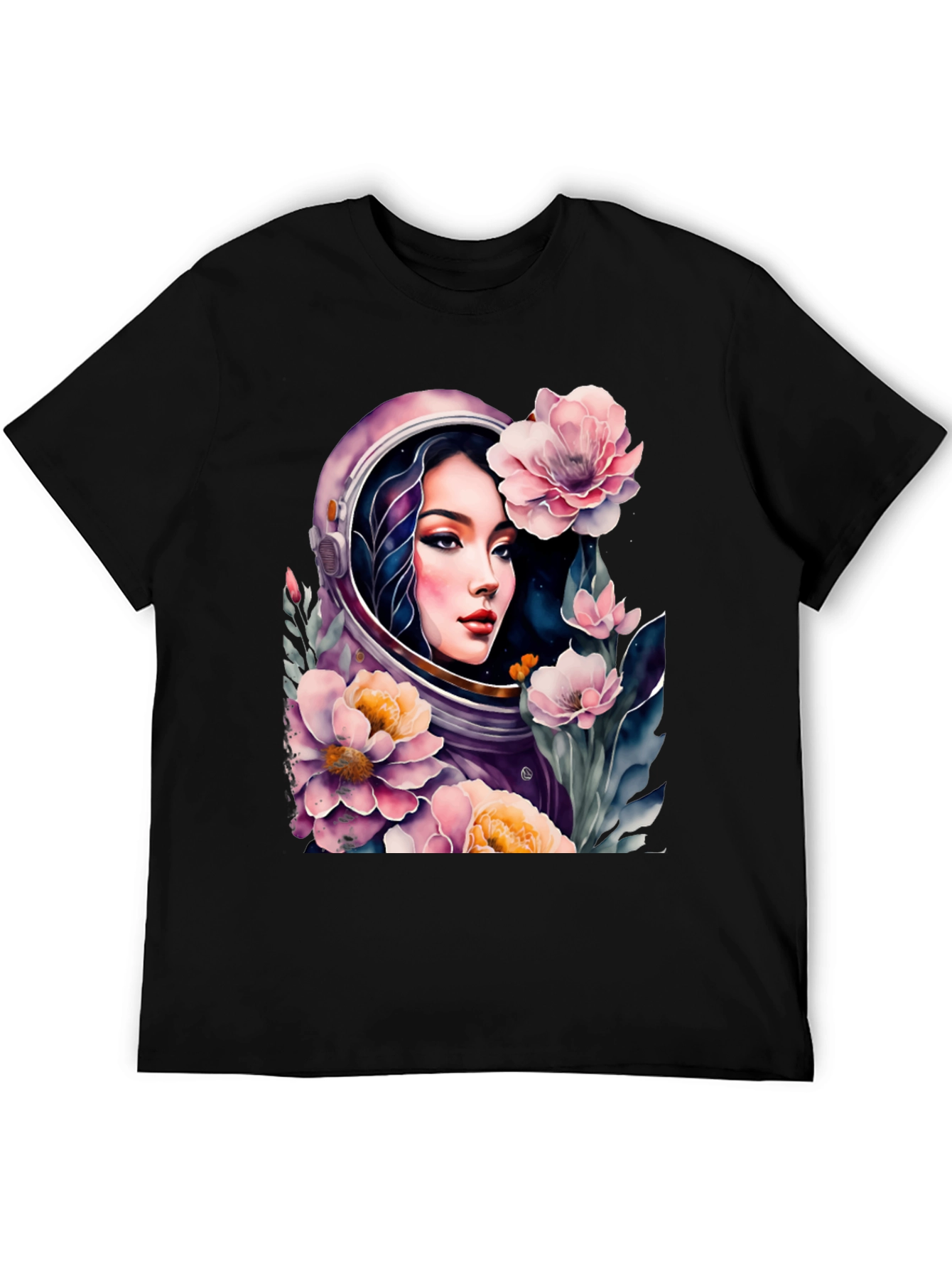 Astronaut Girl in Floral Space - Black T-Shirt