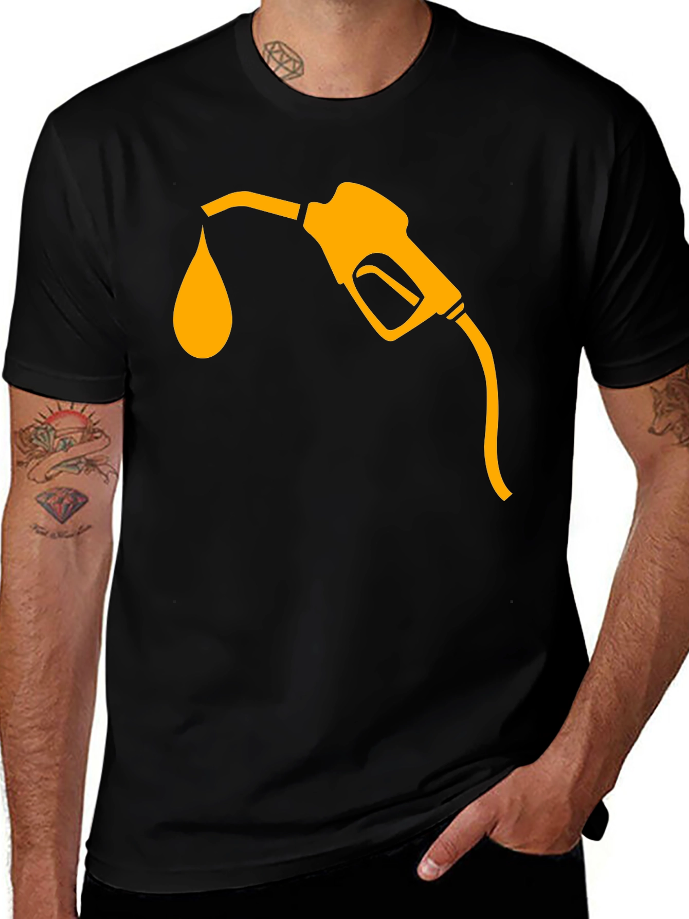 Fuel Up: Mens Black T-Shirt with Gas Pump Graphic