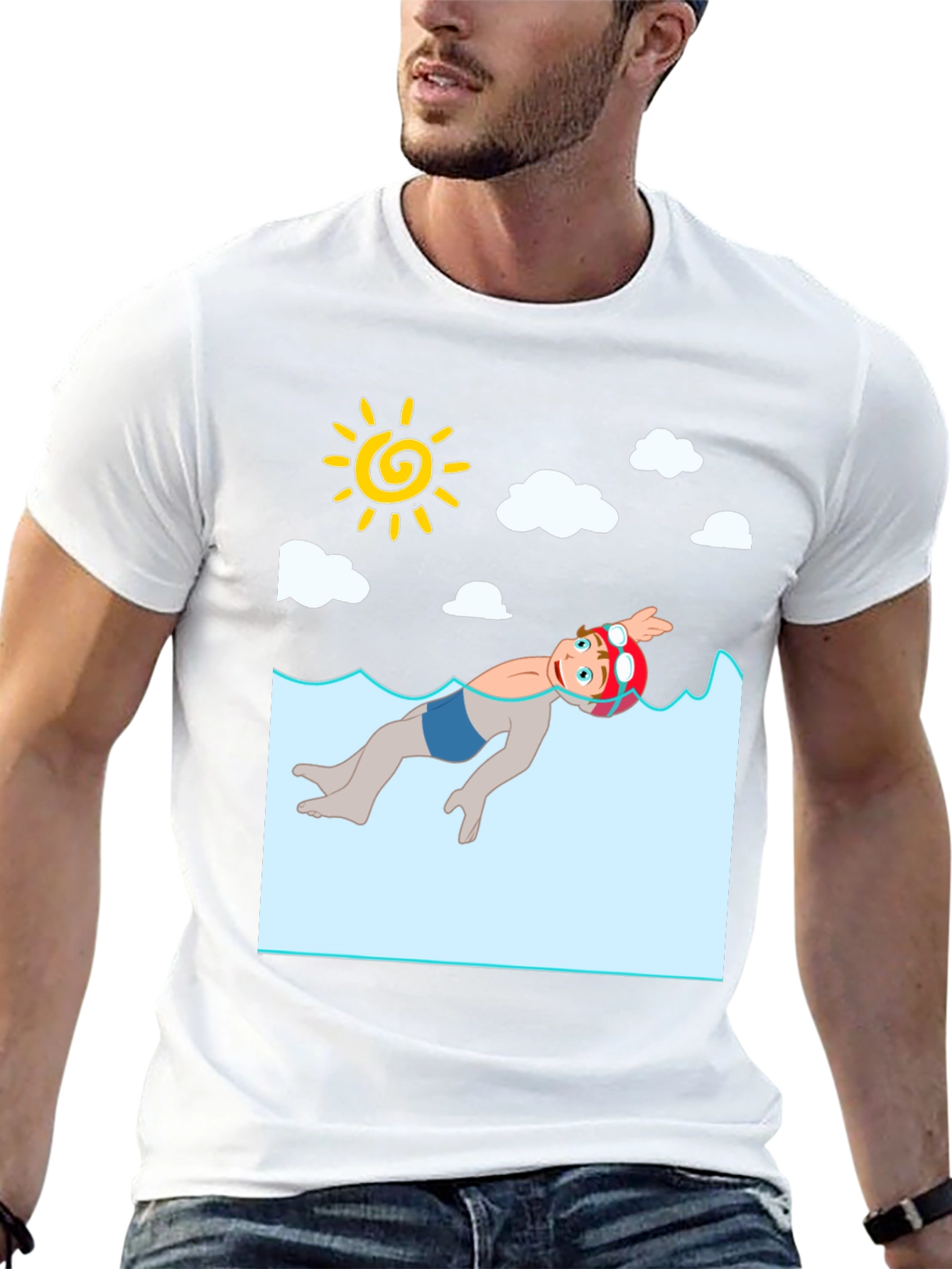 Cartoon Swimmer Graphic Tee - Black