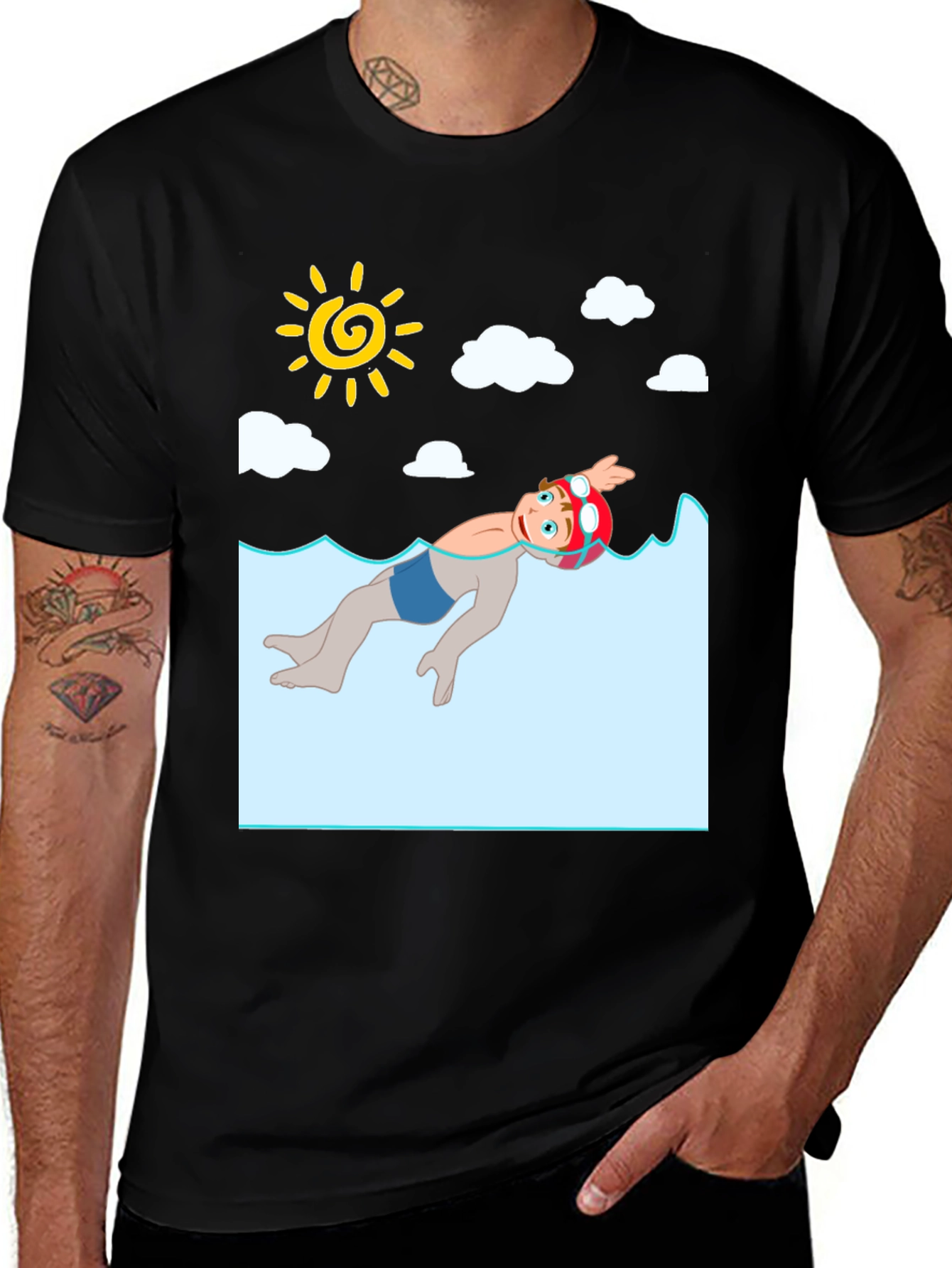 Cartoon Swimmer Graphic Tee - Black