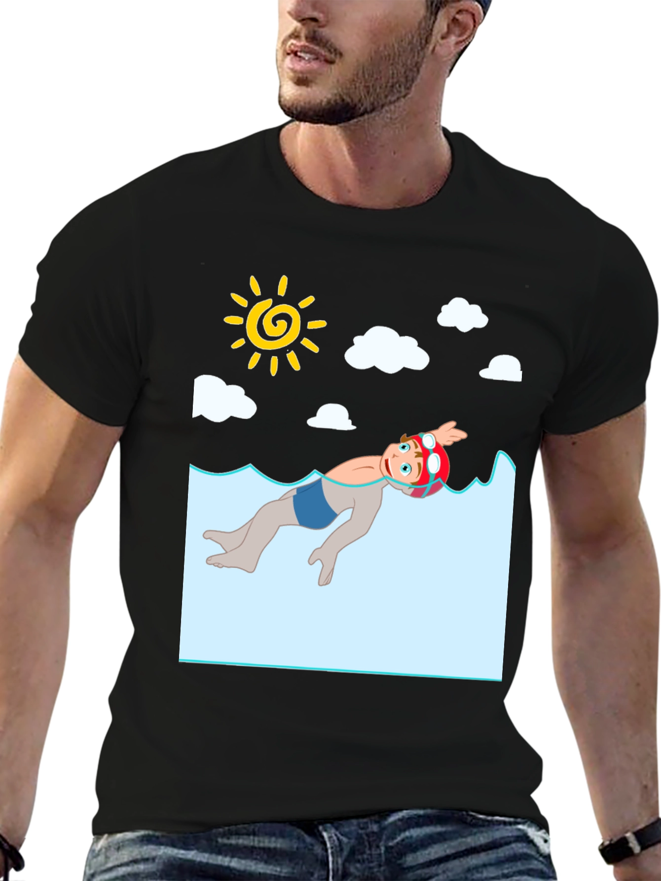Cartoon Swimmer Graphic Tee - Black