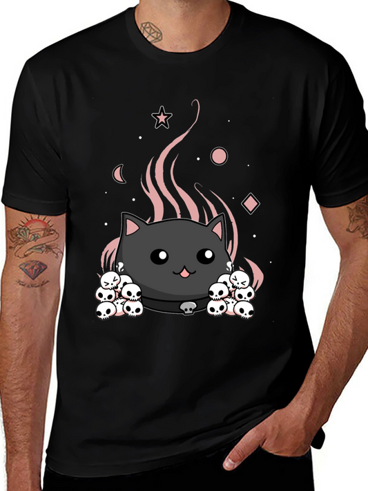 Gothic Cat & Skulls Graphic Tee - Dark Humor T-Shirt