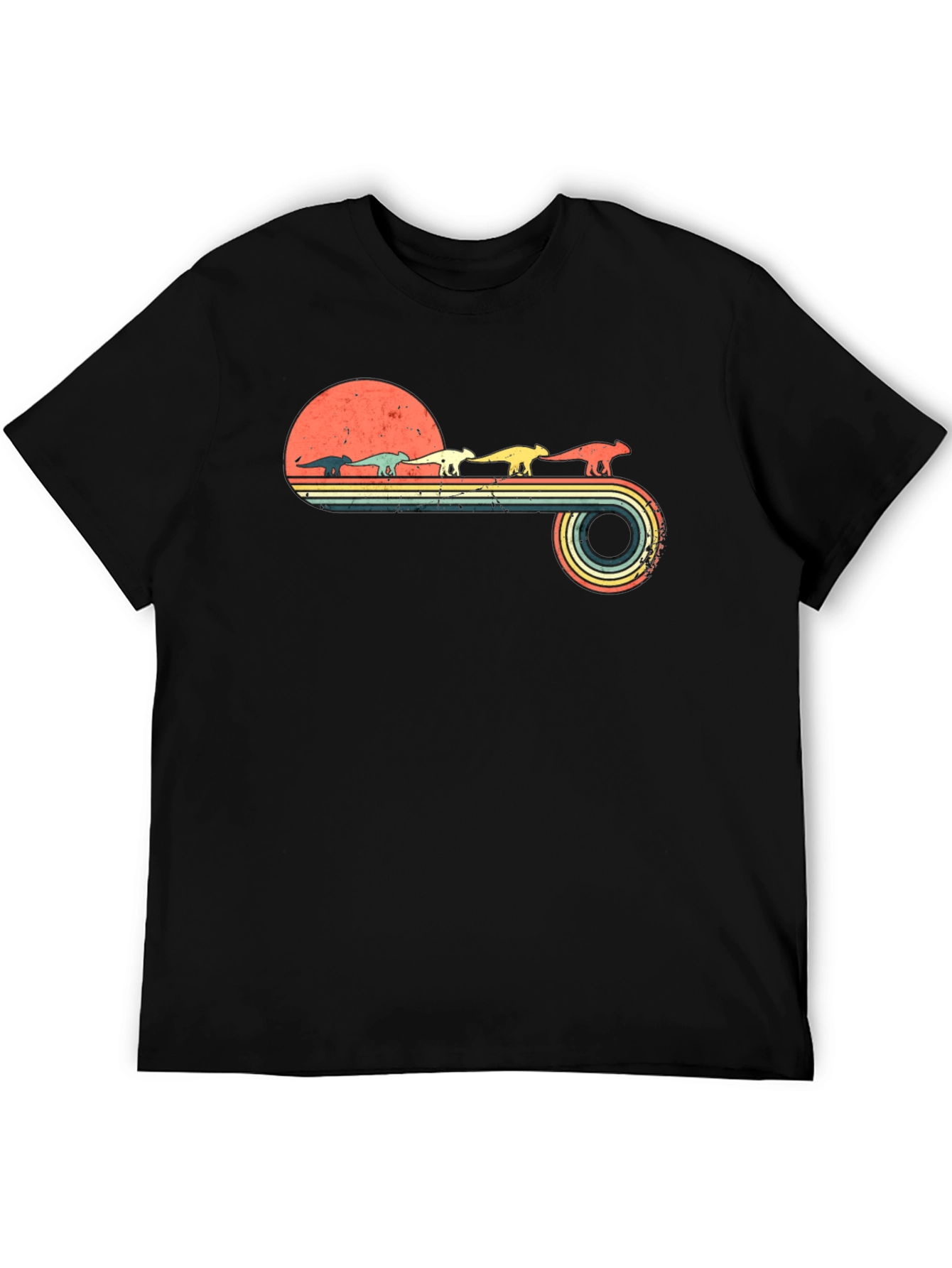 Retro Dinosaur Sunset Graphic Tee - Black Cotton Blend