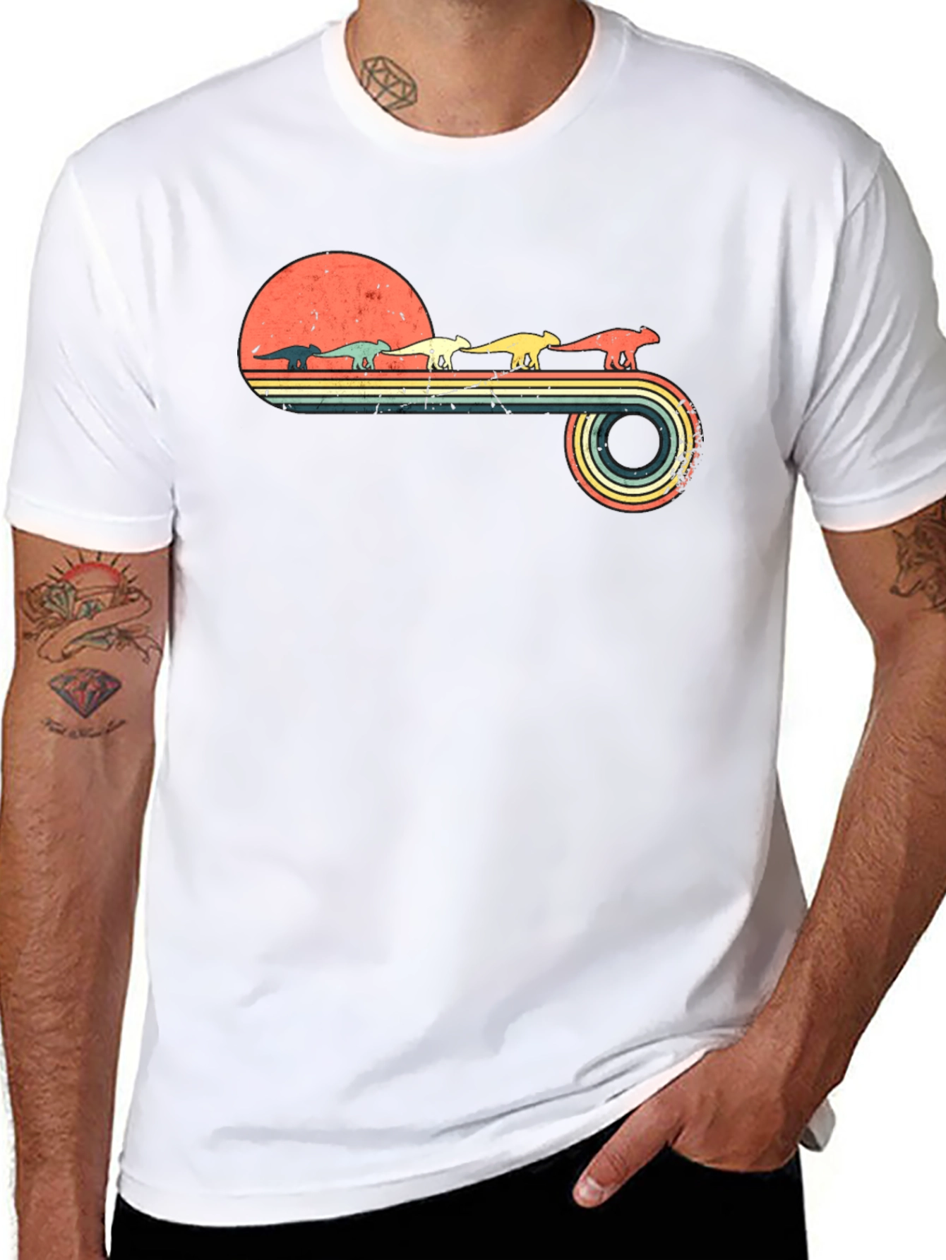 Retro Dinosaur Sunset Graphic Tee - Black Cotton Blend
