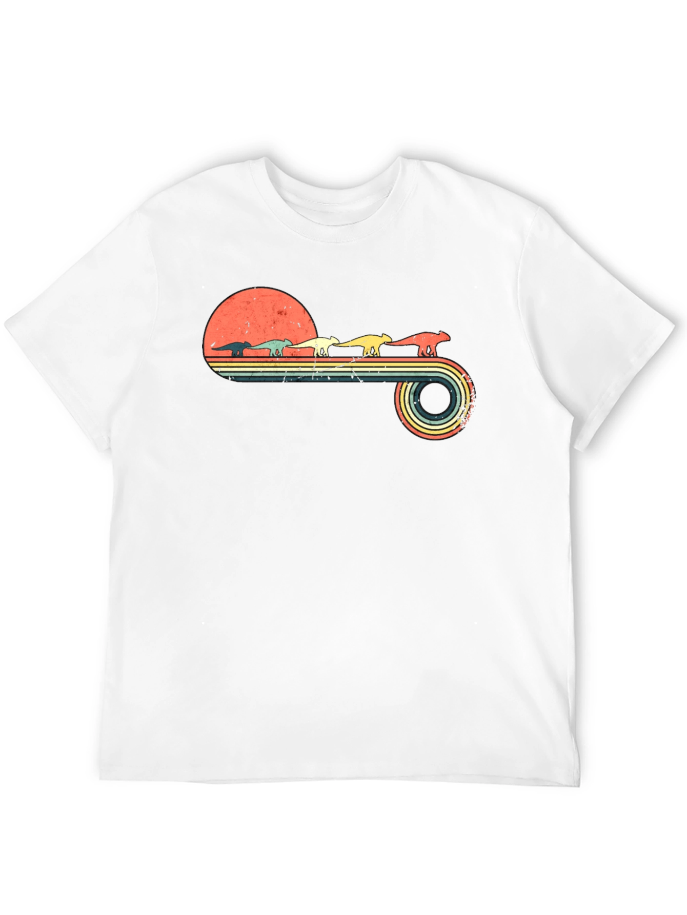Retro Dinosaur Sunset Graphic Tee - Black Cotton Blend