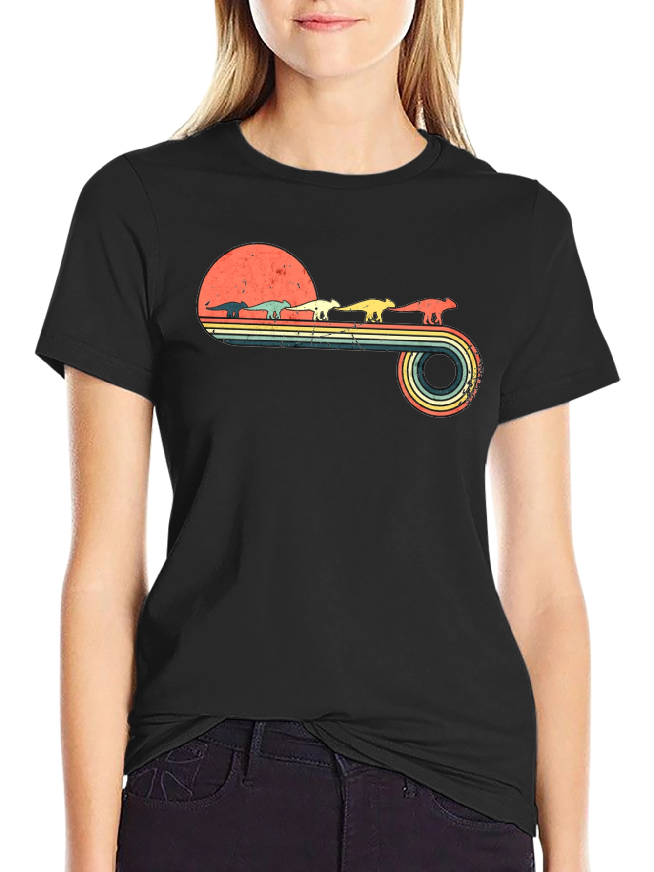 Retro Dinosaur Sunset Graphic Tee - Black Cotton Blend
