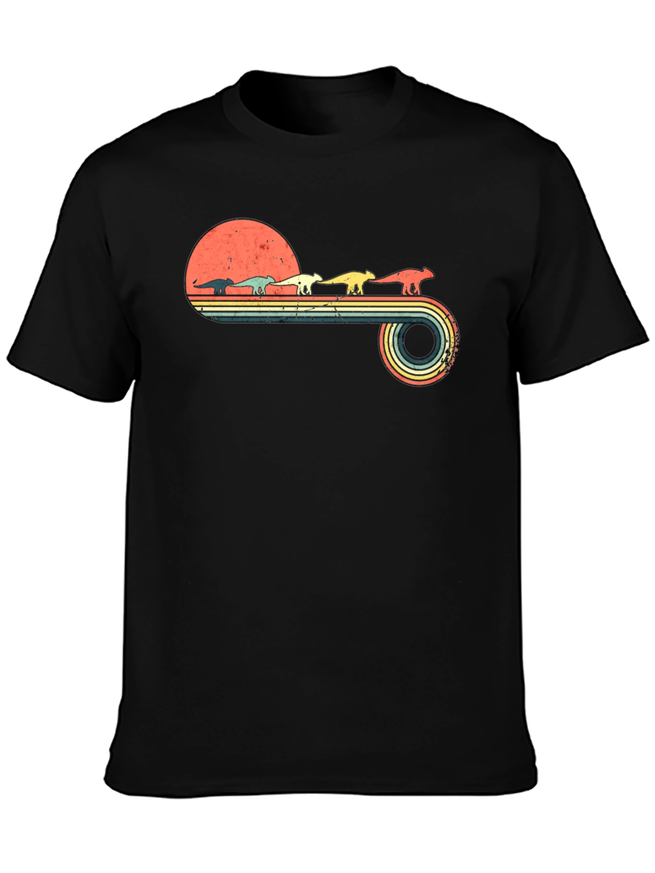 Retro Dinosaur Sunset Graphic Tee - Black Cotton Blend