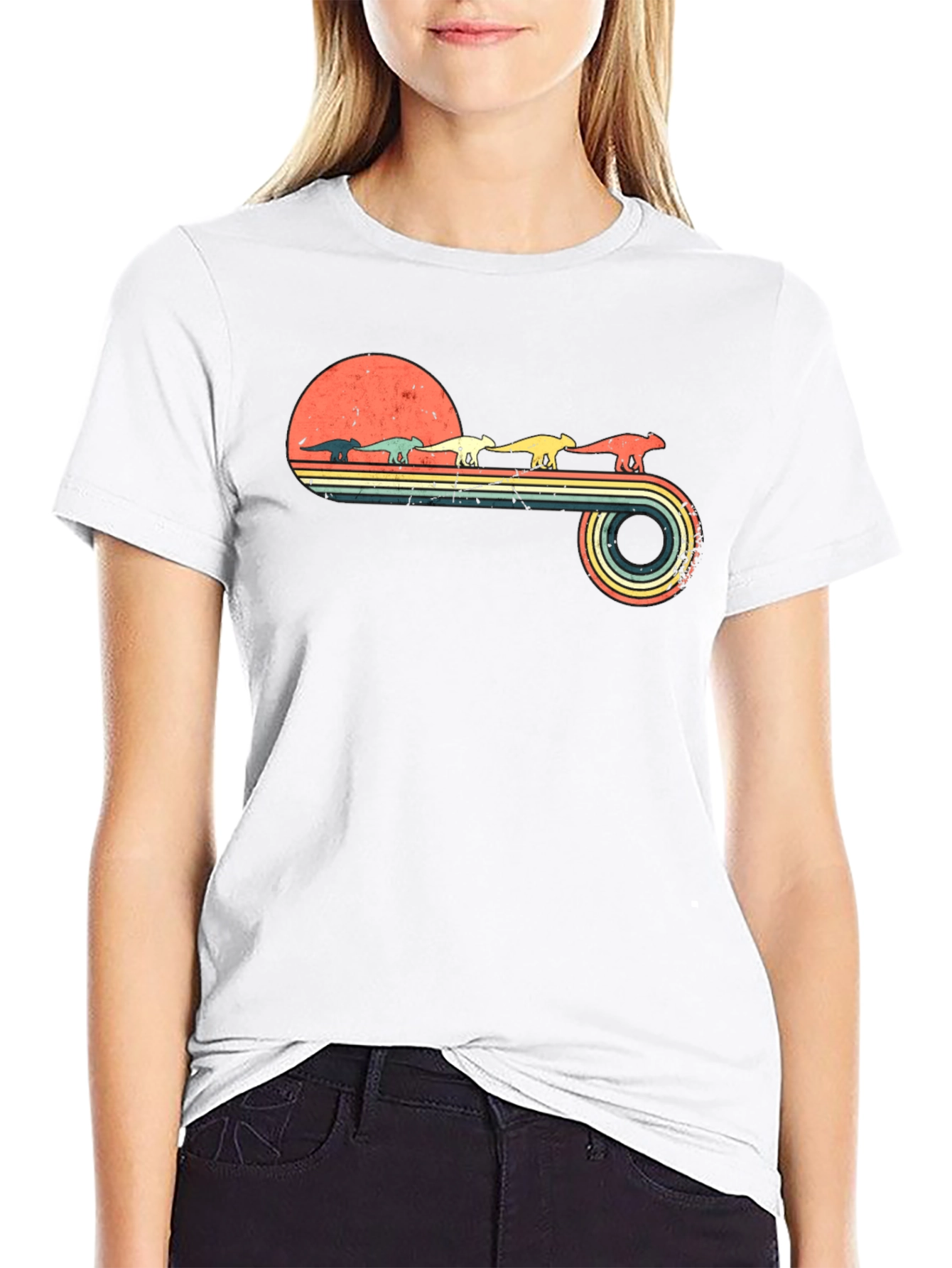 Retro Dinosaur Sunset Graphic Tee - Black Cotton Blend