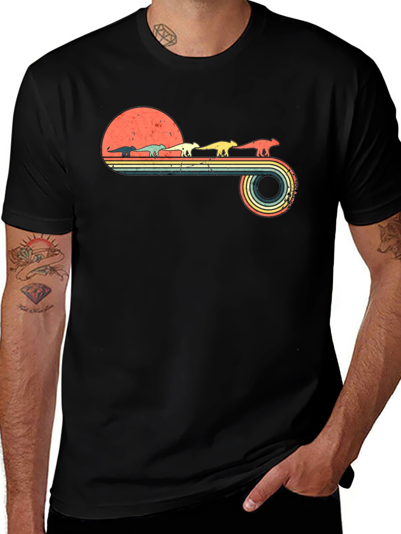 Retro Dinosaur Sunset Graphic Tee - Black Cotton Blend