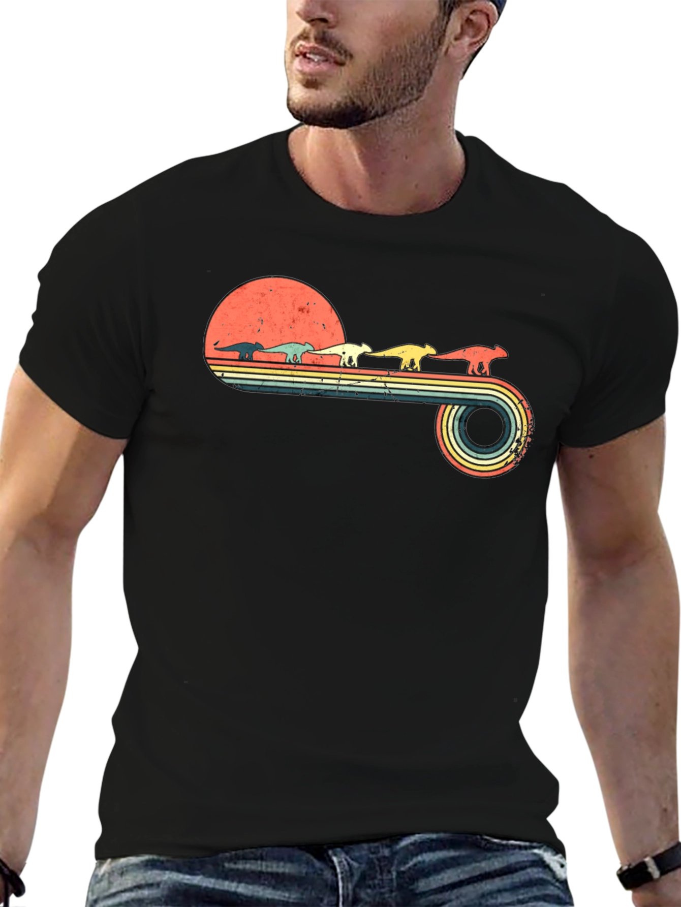Retro Dinosaur Sunset Graphic Tee - Black Cotton Blend