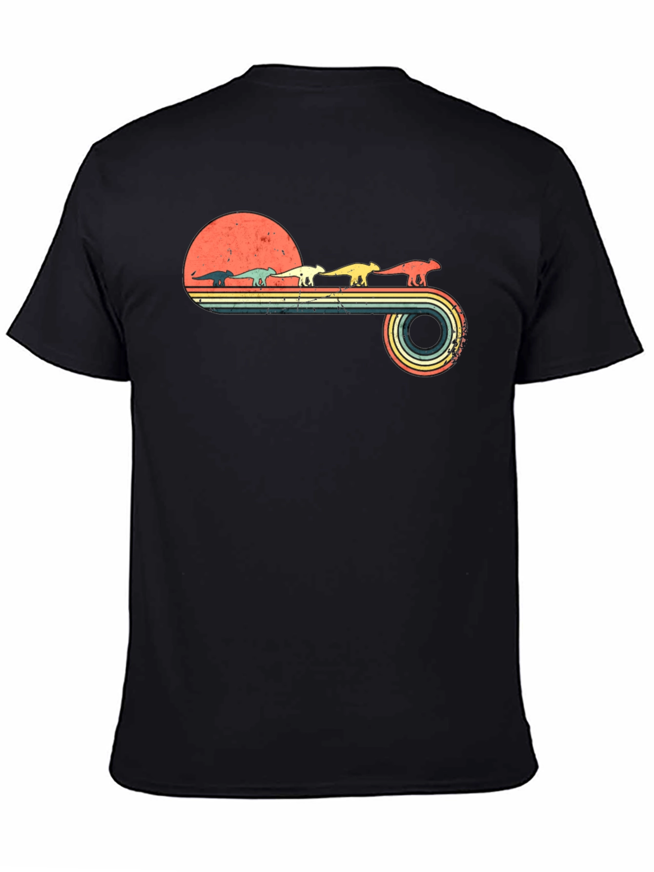 Retro Dinosaur Sunset Graphic Tee - Black Cotton Blend