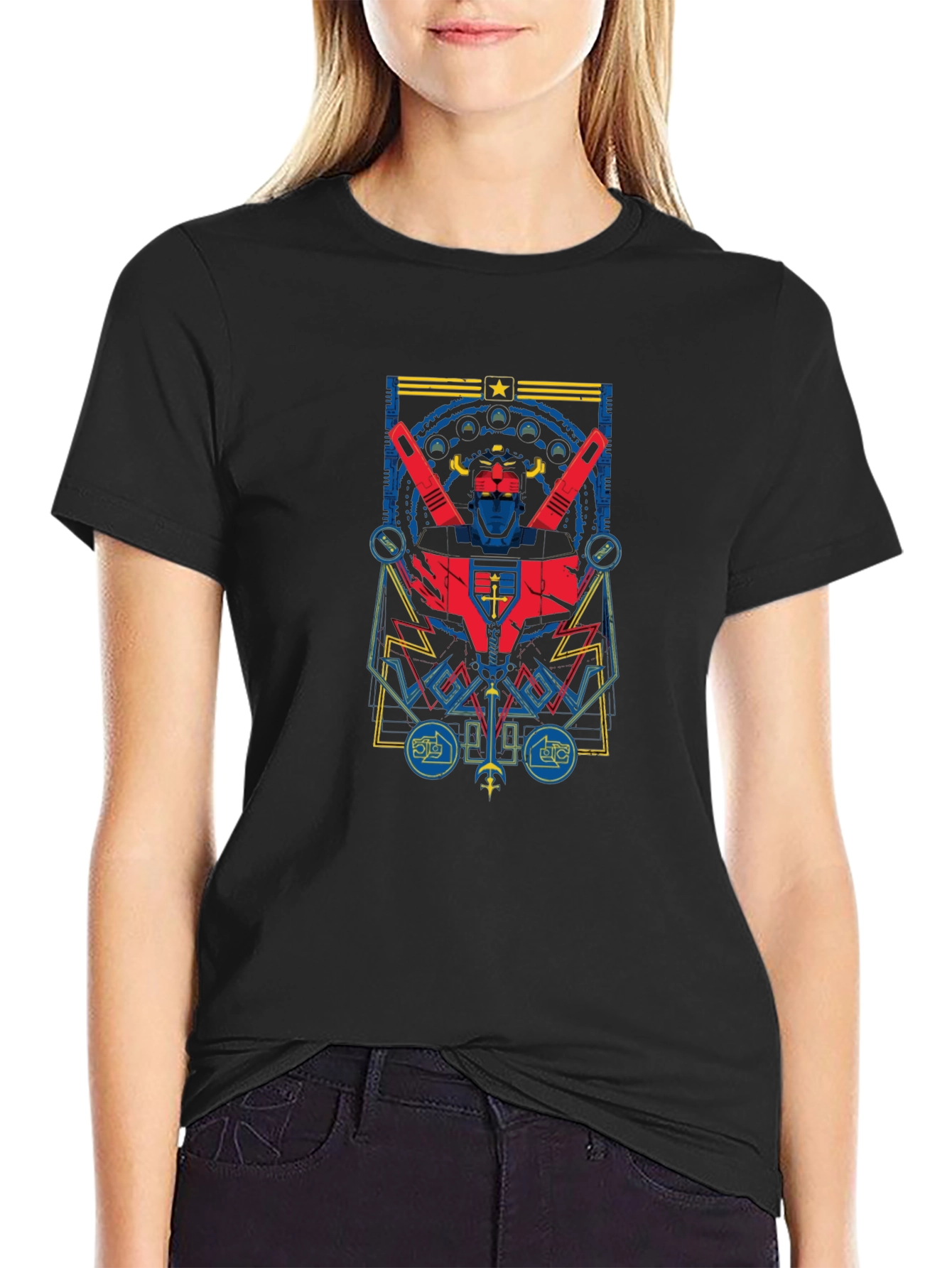 Retro Robot Graphic Print Black T-Shirt