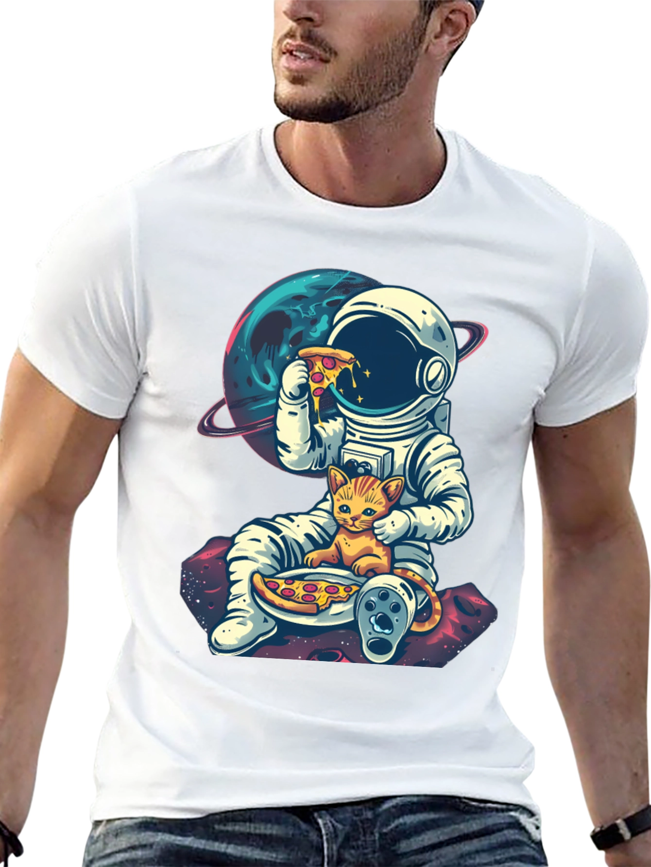 Astronaut Cat Pizza Black T-Shirt