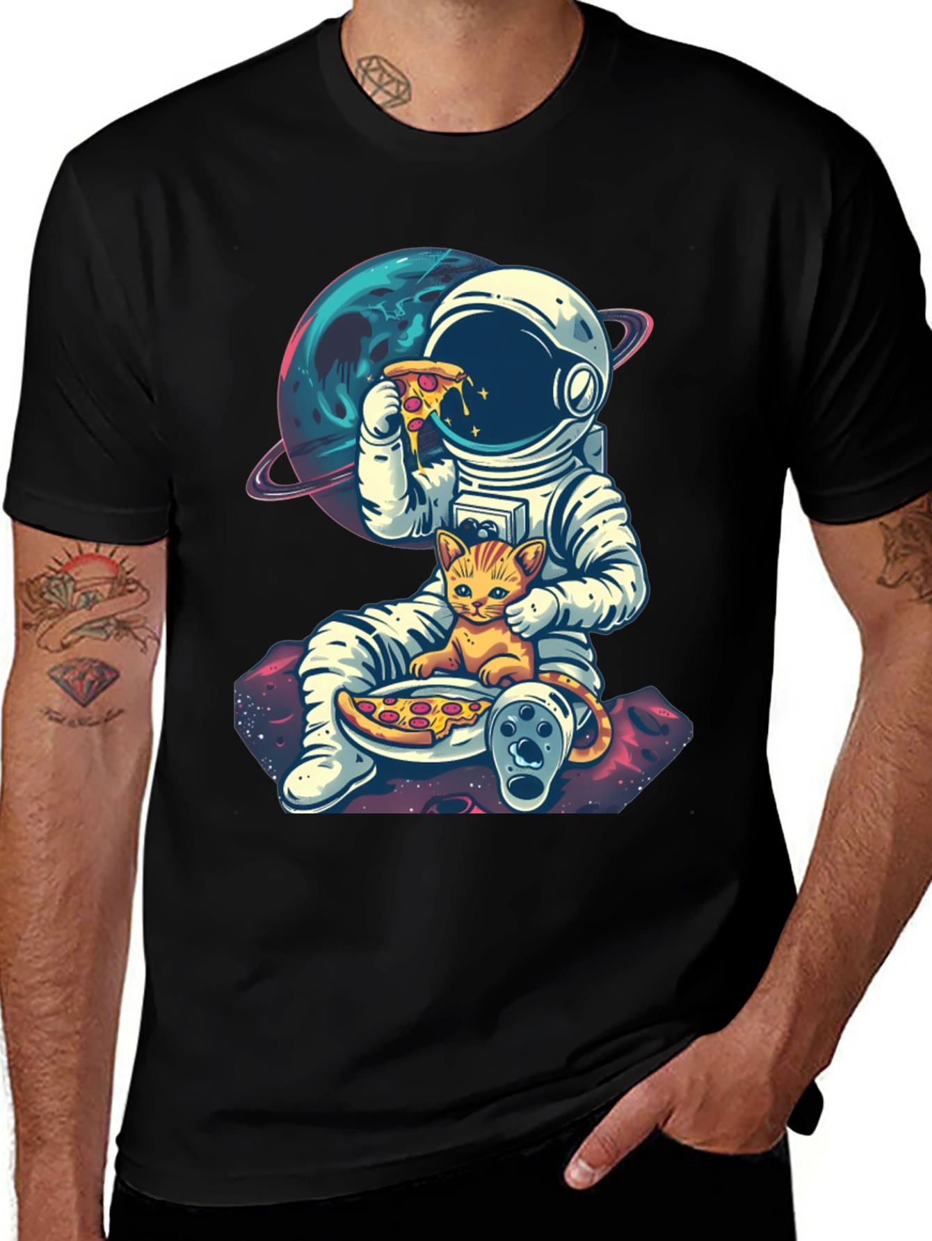 Astronaut Cat Pizza Black T-Shirt