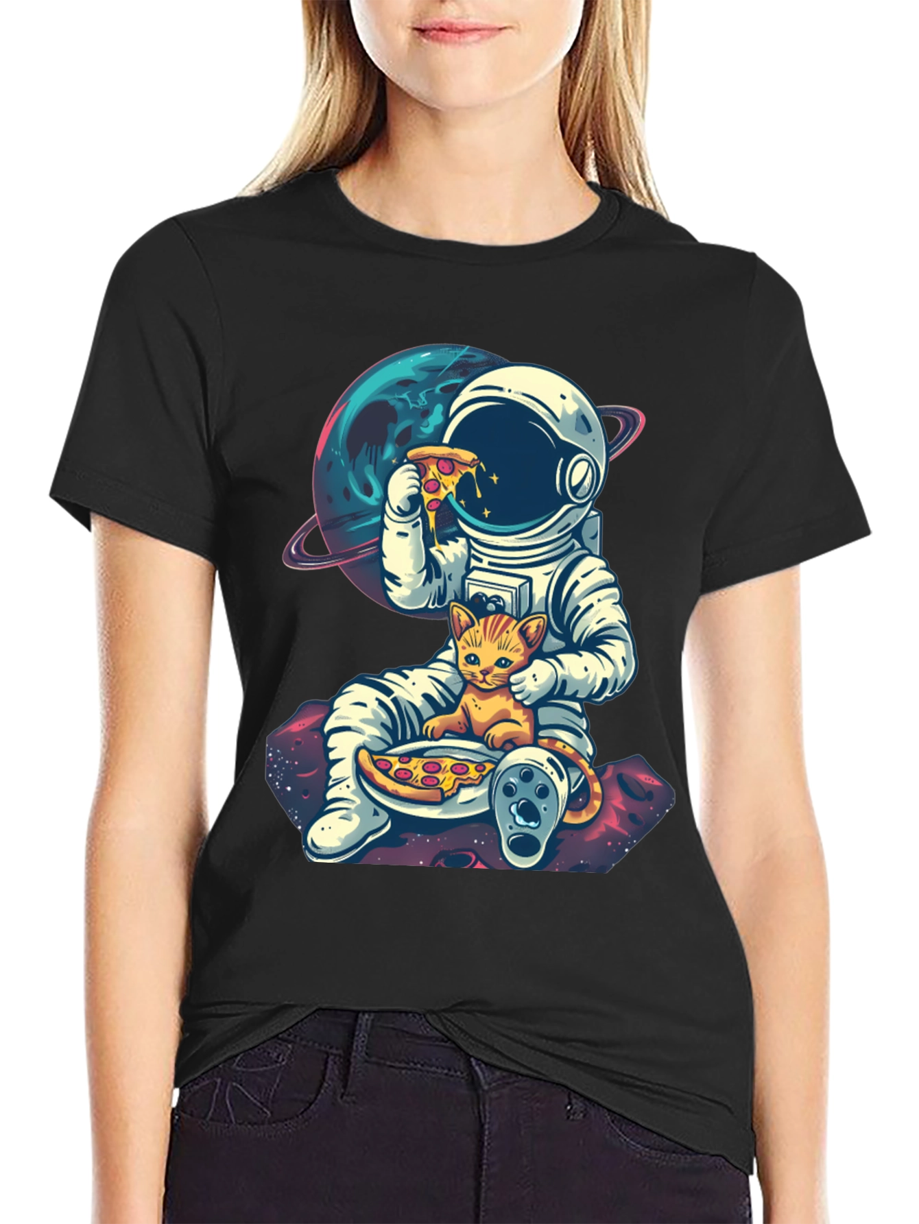 Astronaut Cat Pizza Black T-Shirt