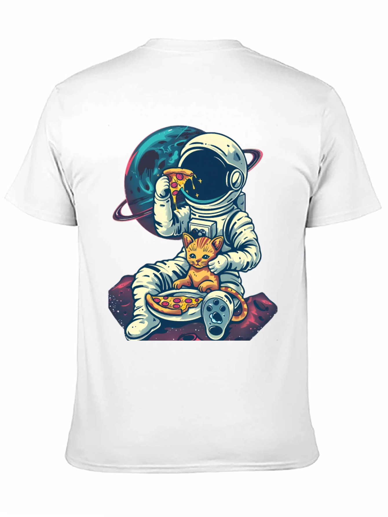 Astronaut Cat Pizza Black T-Shirt