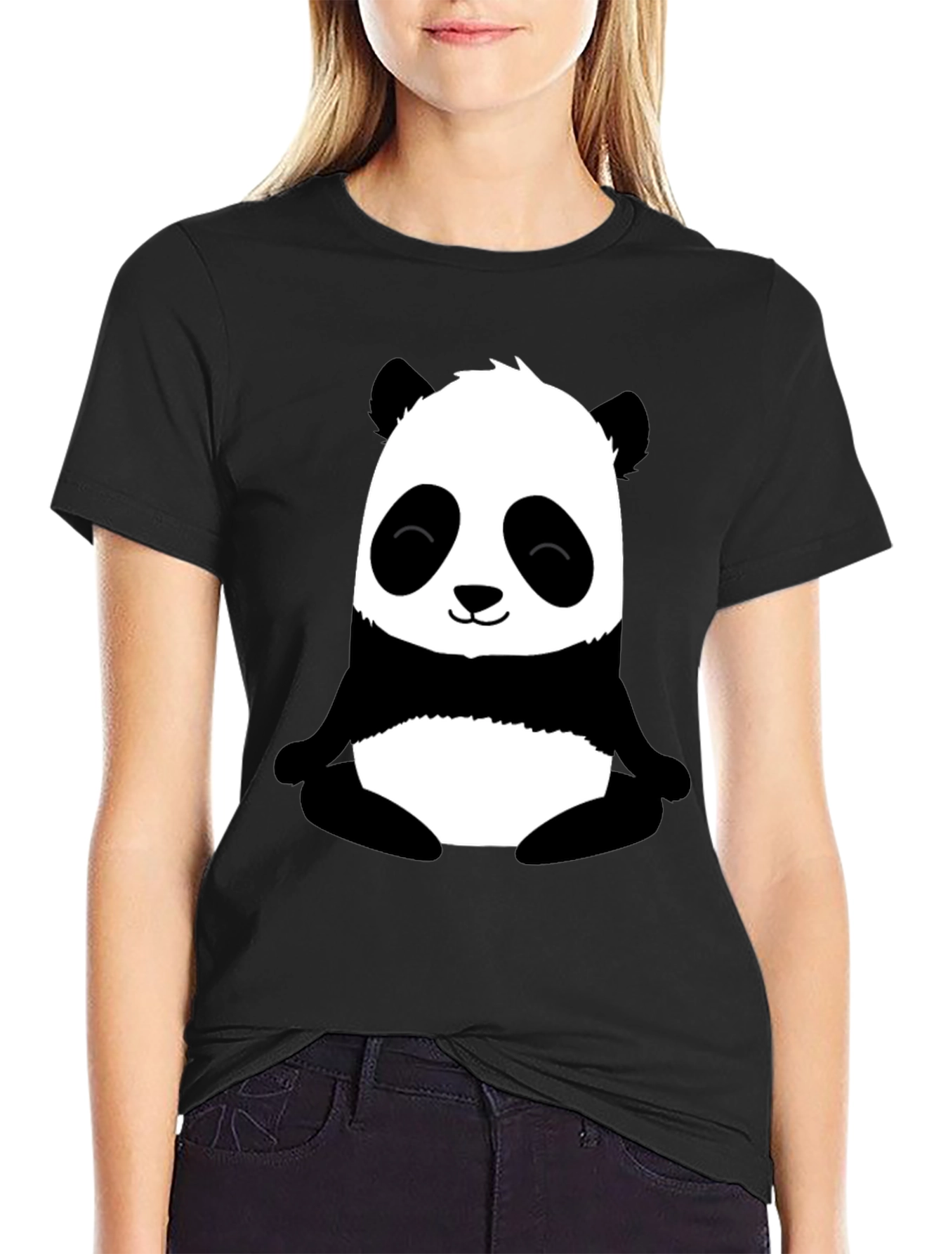 Cute Panda Graphic Print Black T-Shirt