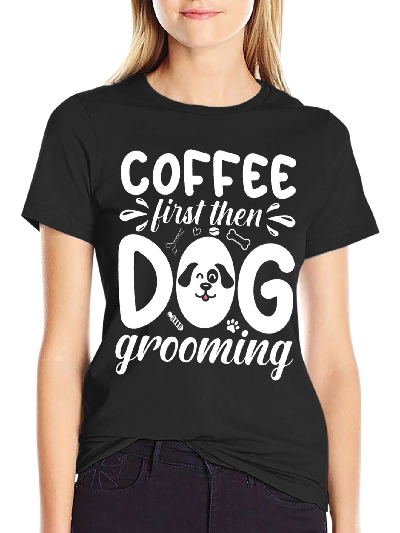 Coffee then Dog Grooming Black T-Shirt