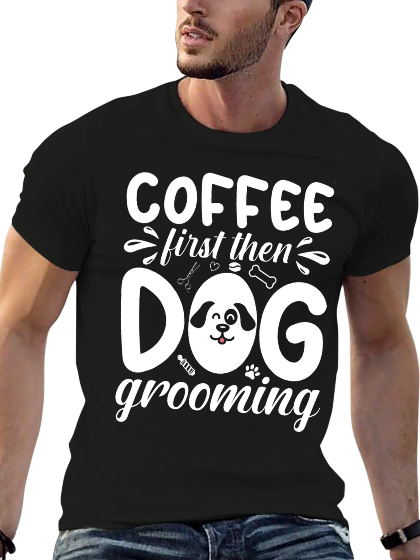 Coffee then Dog Grooming Black T-Shirt