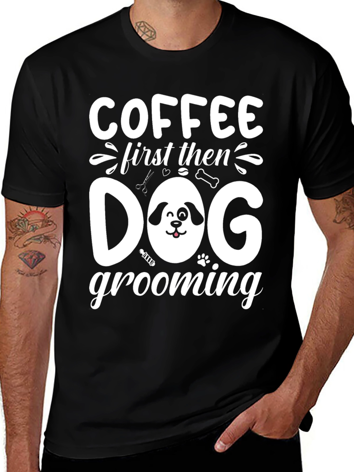 Coffee then Dog Grooming Black T-Shirt