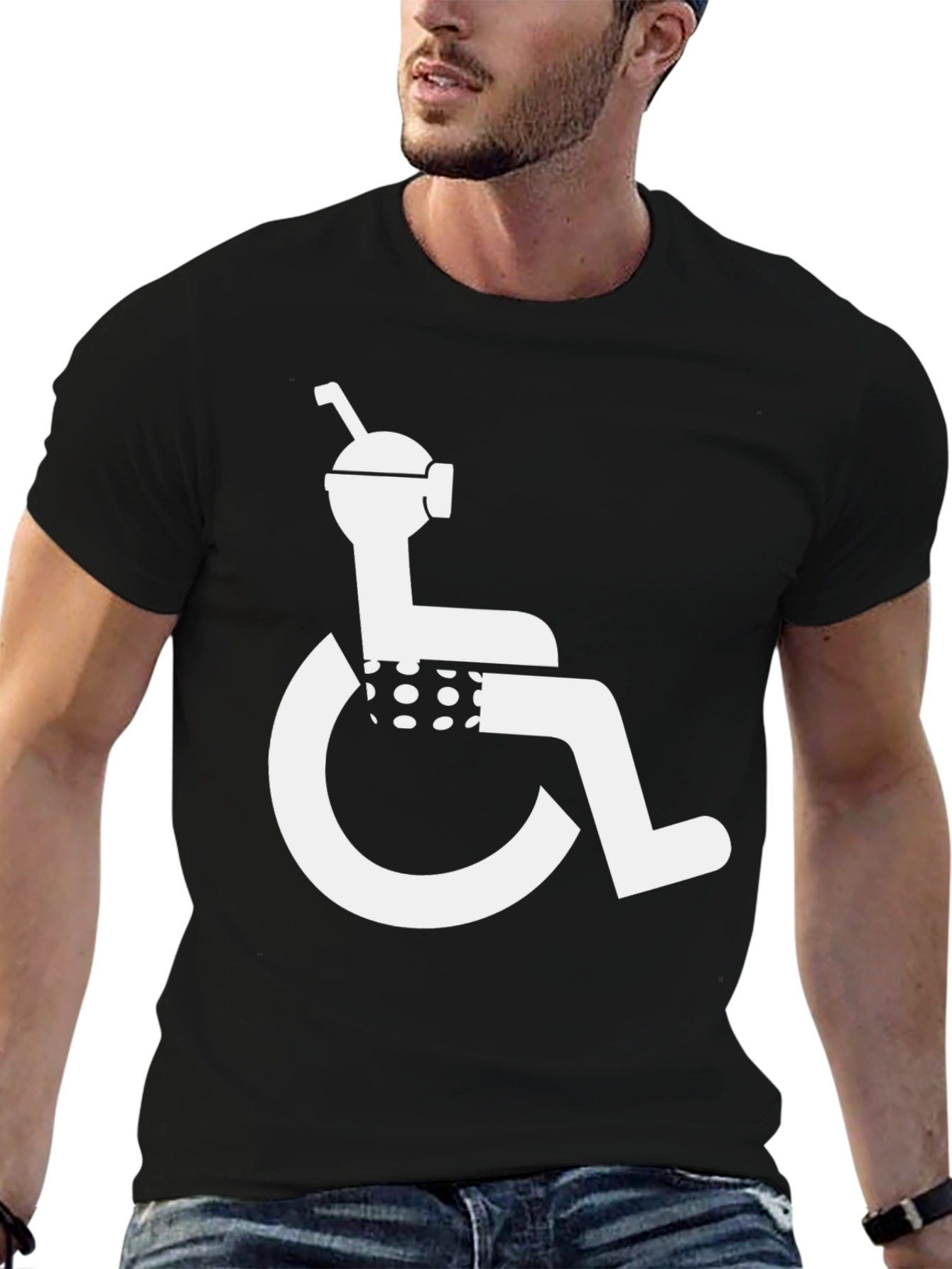 Humorous Black T-Shirt: Wheelchair Boba Tea Graphic