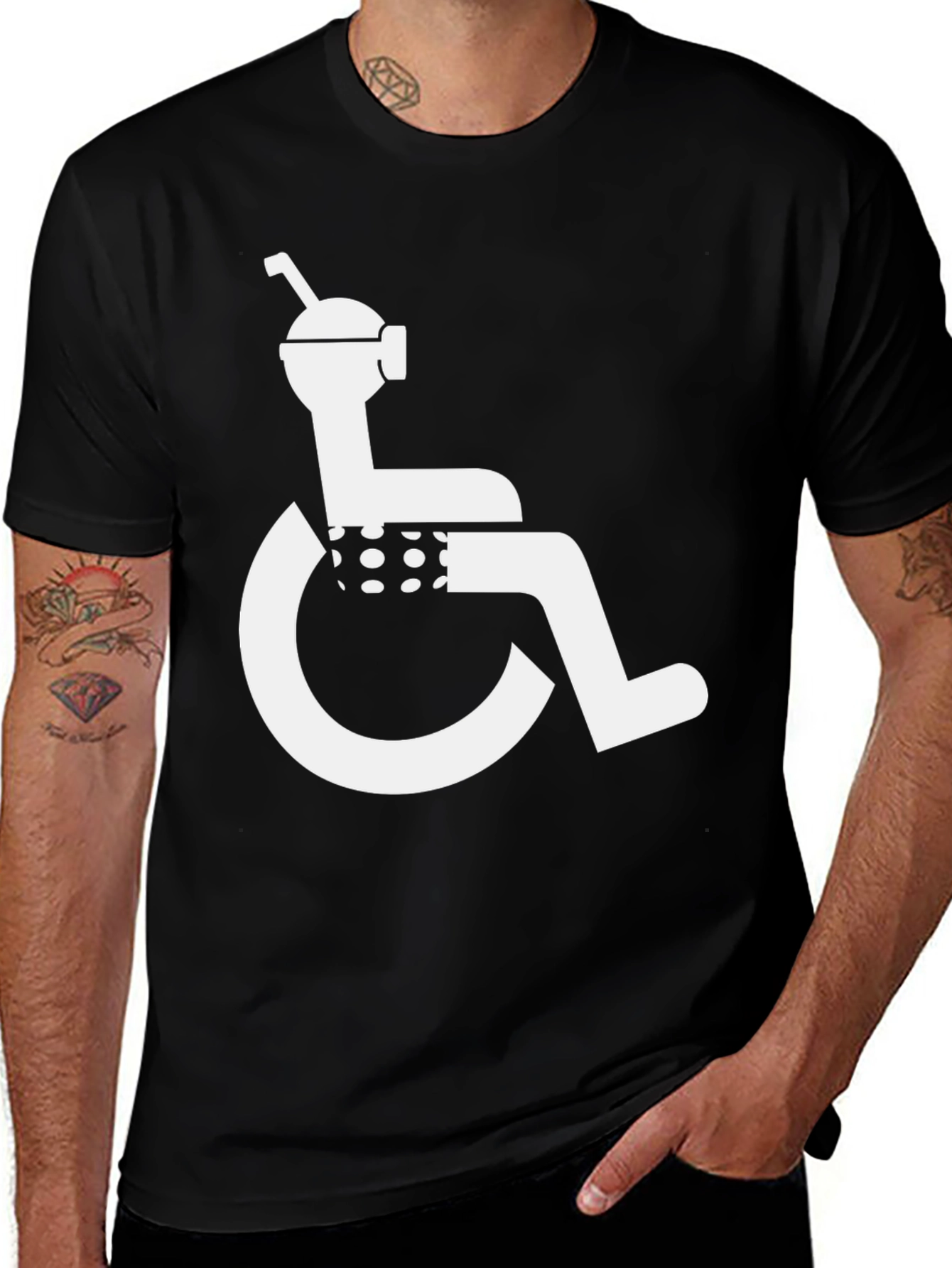 Humorous Black T-Shirt: Wheelchair Boba Tea Graphic