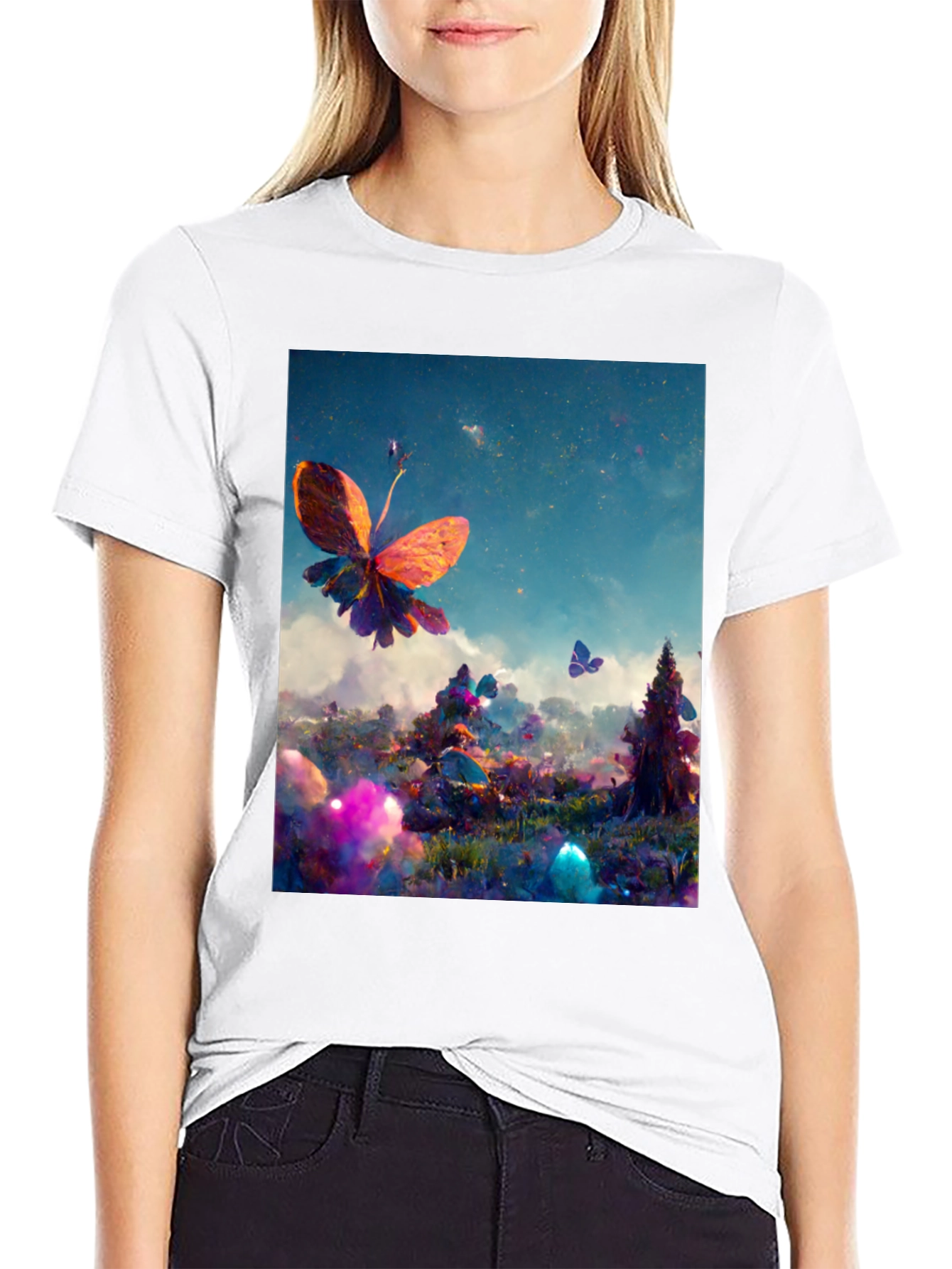 Butterfly Fantasy Graphic Tee - Black Cotton Blend
