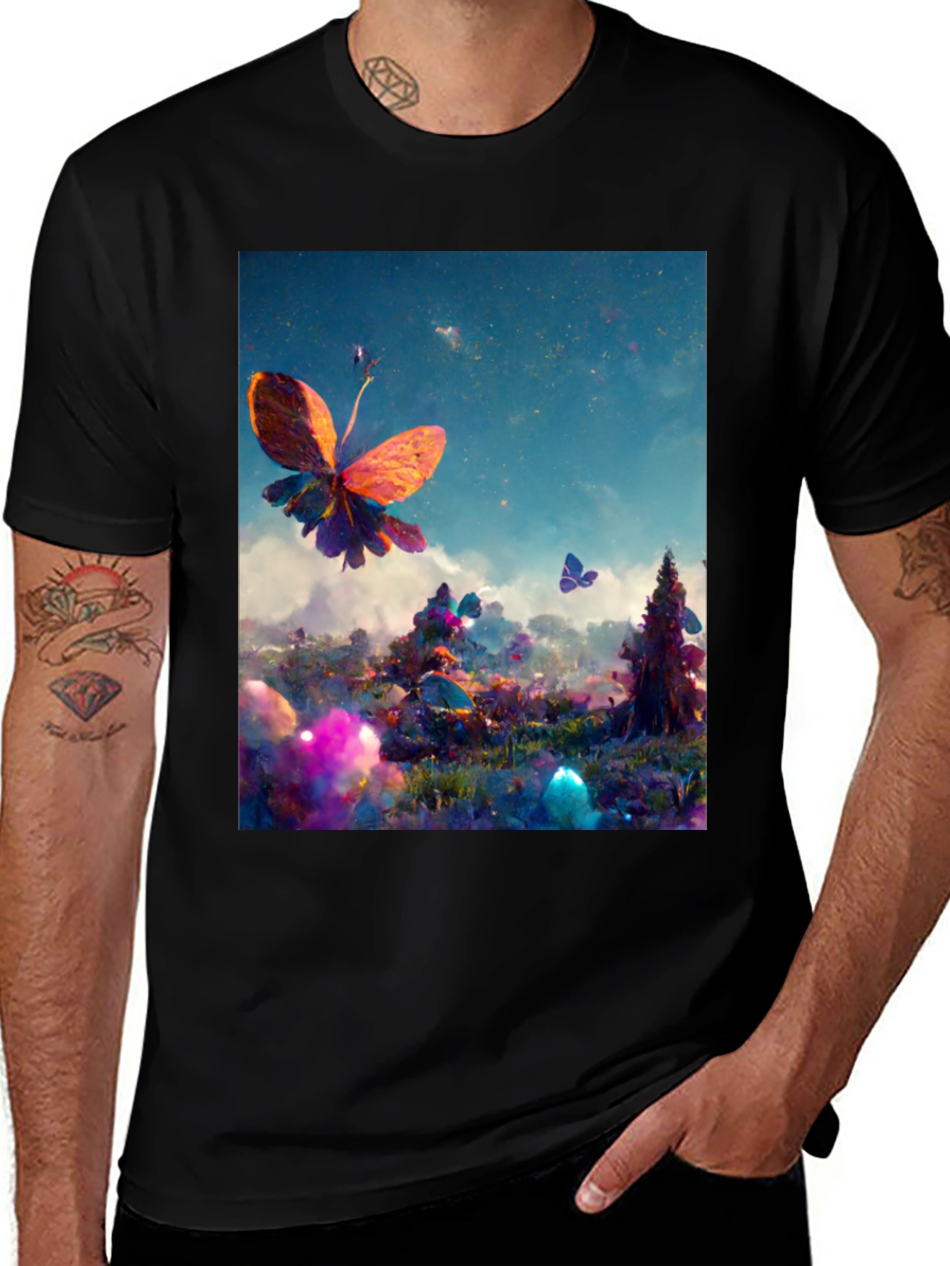 Butterfly Fantasy Graphic Tee - Black Cotton Blend