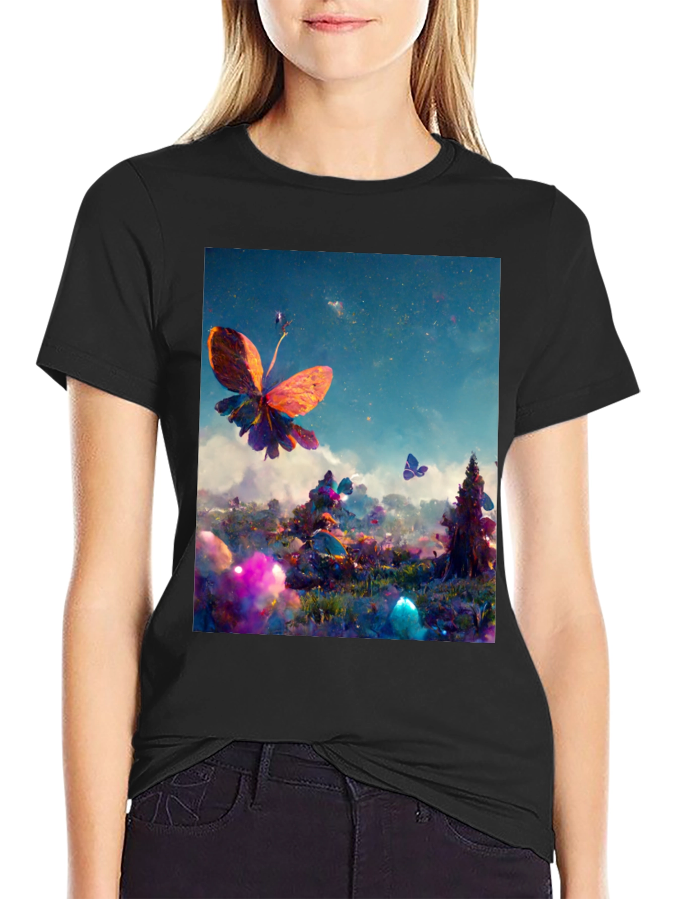 Butterfly Fantasy Graphic Tee - Black Cotton Blend