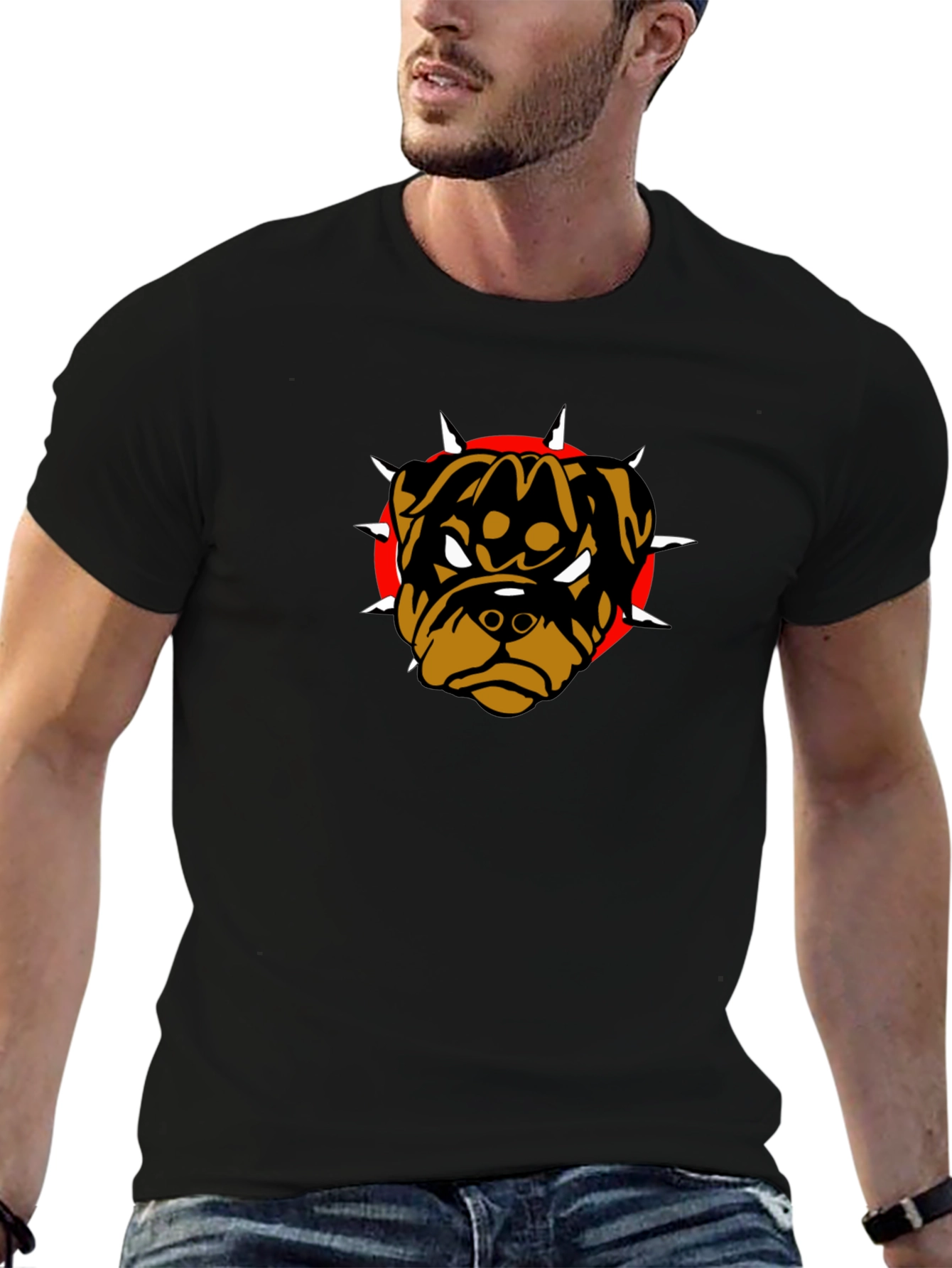 Black Graphic Tee with Rottweiler Dog Design