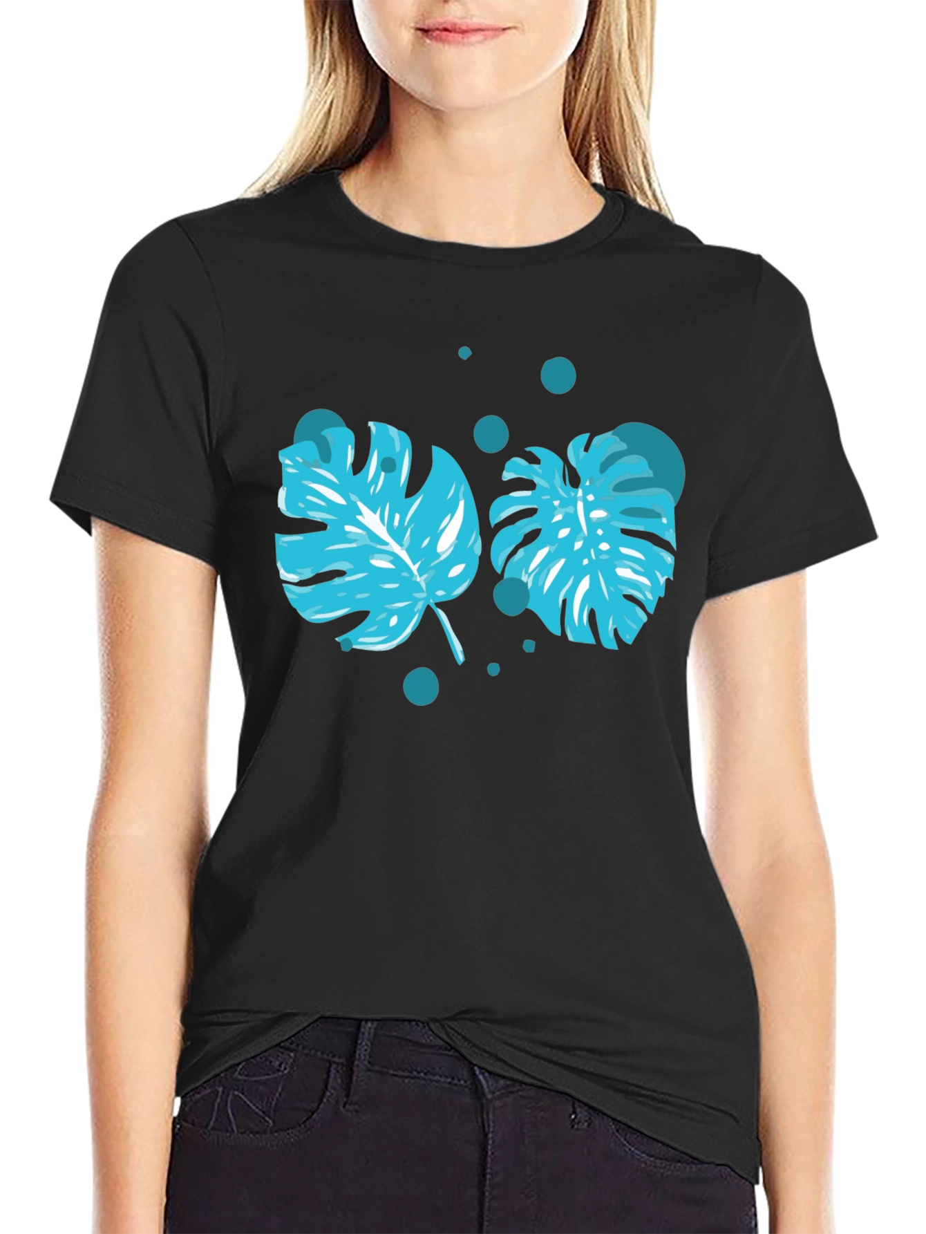 Tropical Leaf Print Black T-Shirt