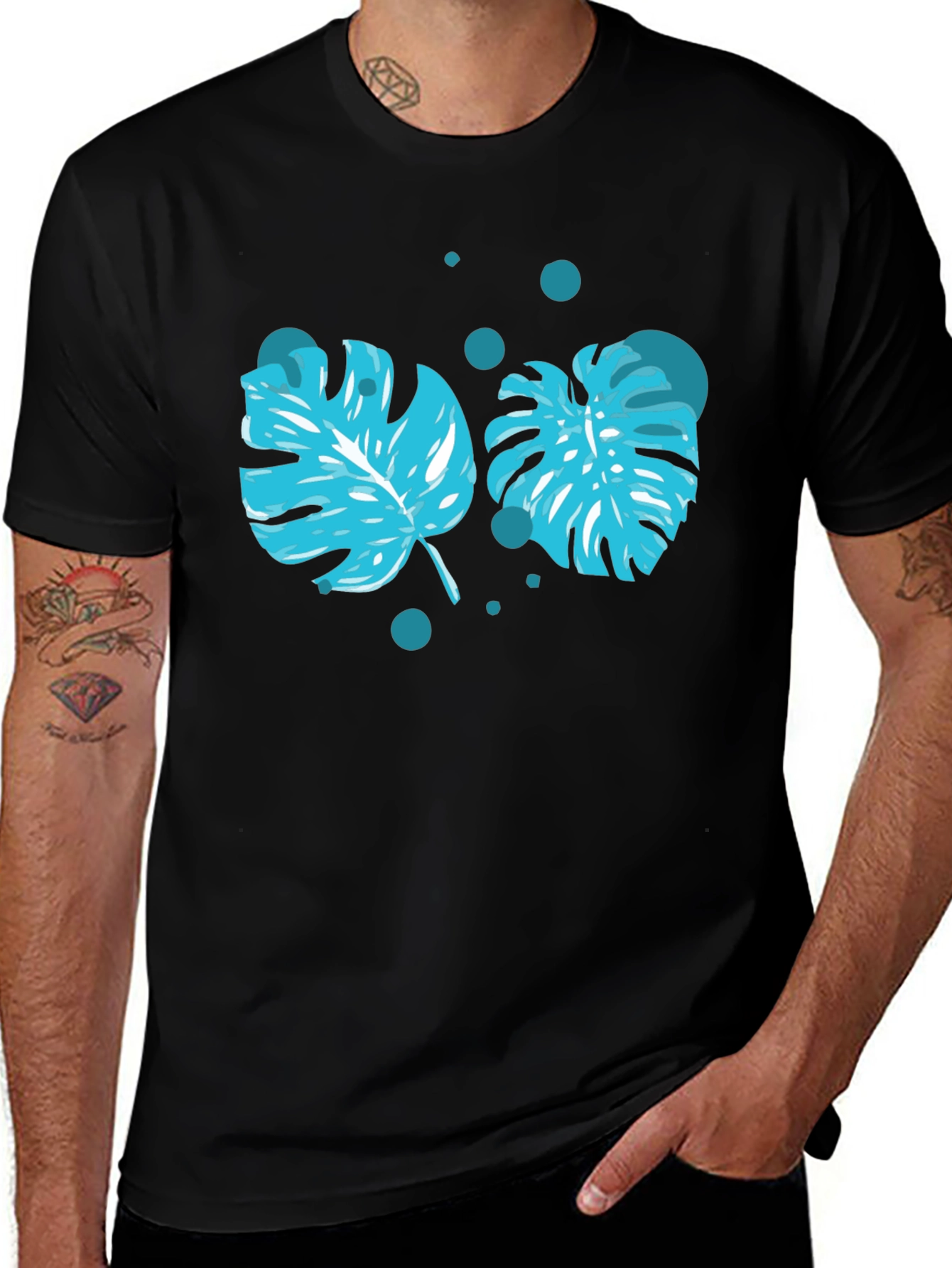 Tropical Leaf Print Black T-Shirt