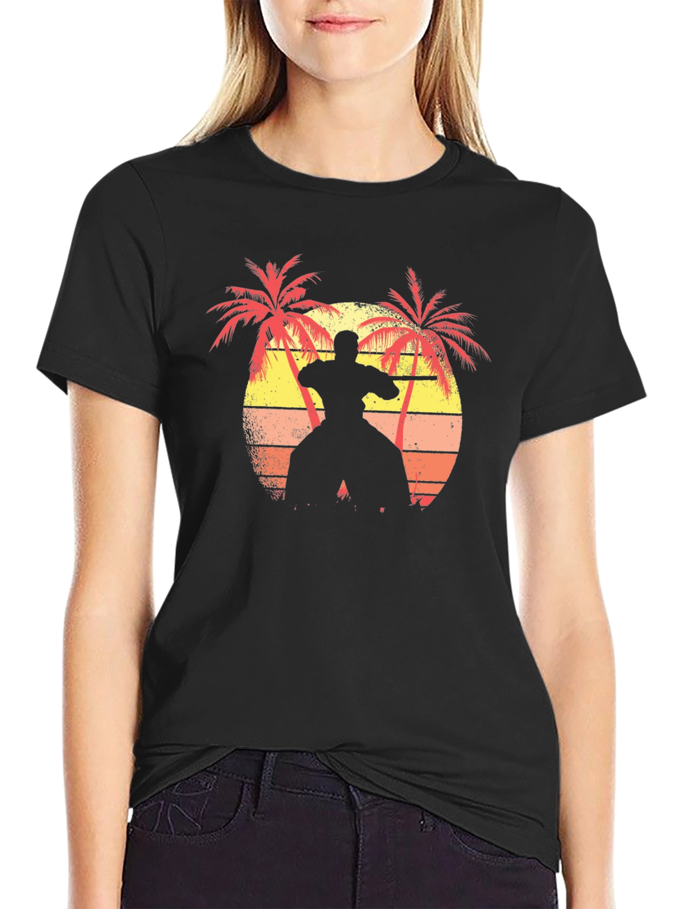 Sunset Karate Palm Tree Black T-Shirt