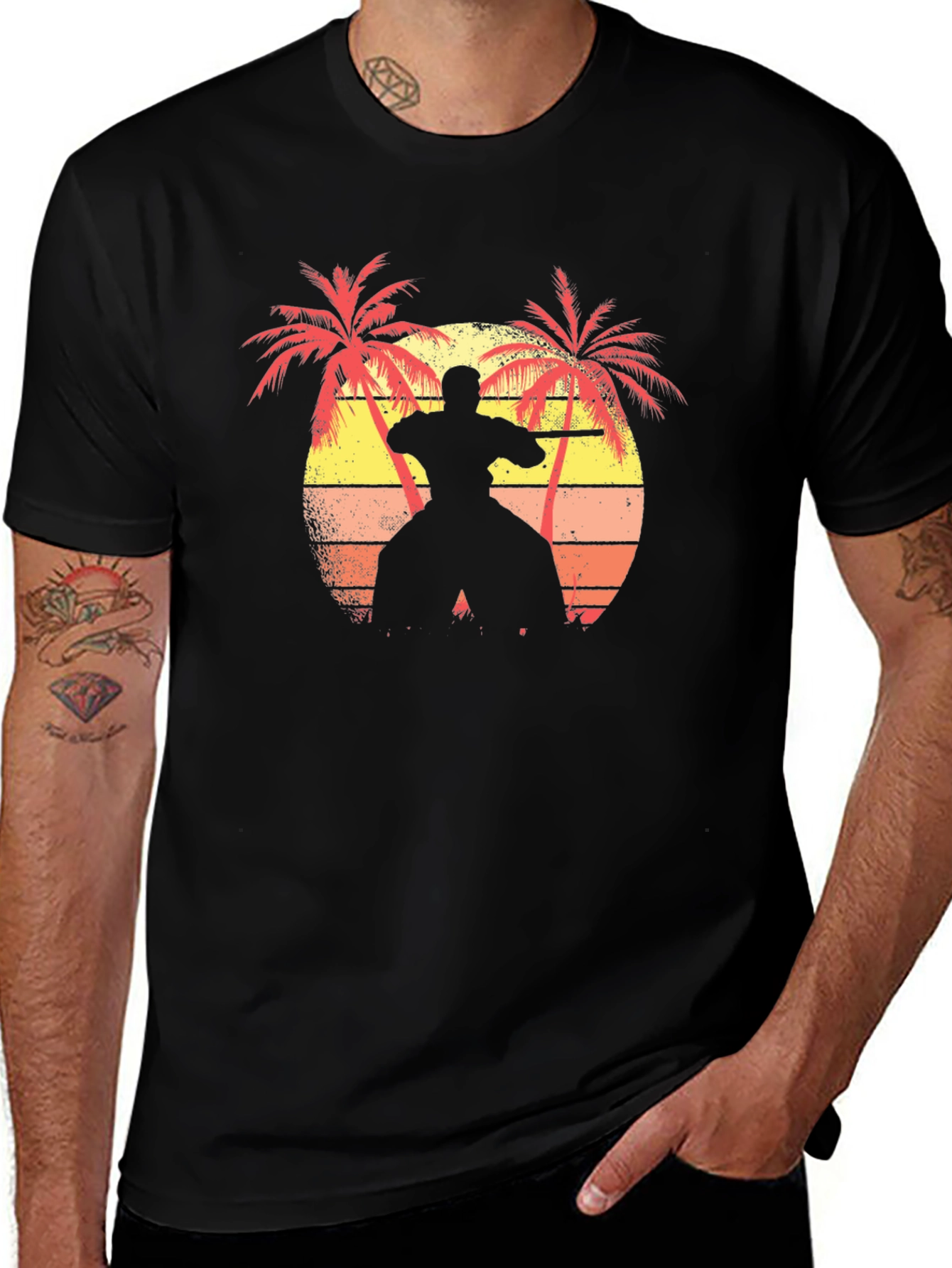 Sunset Karate Palm Tree Black T-Shirt