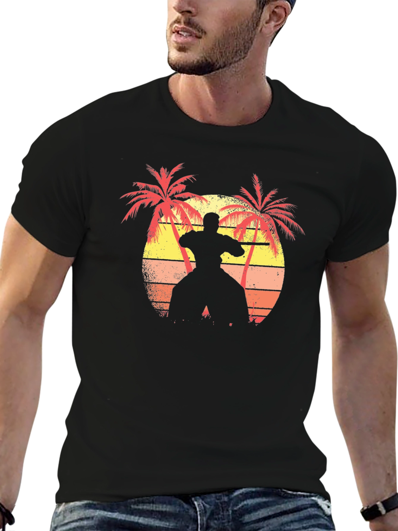 Sunset Karate Palm Tree Black T-Shirt