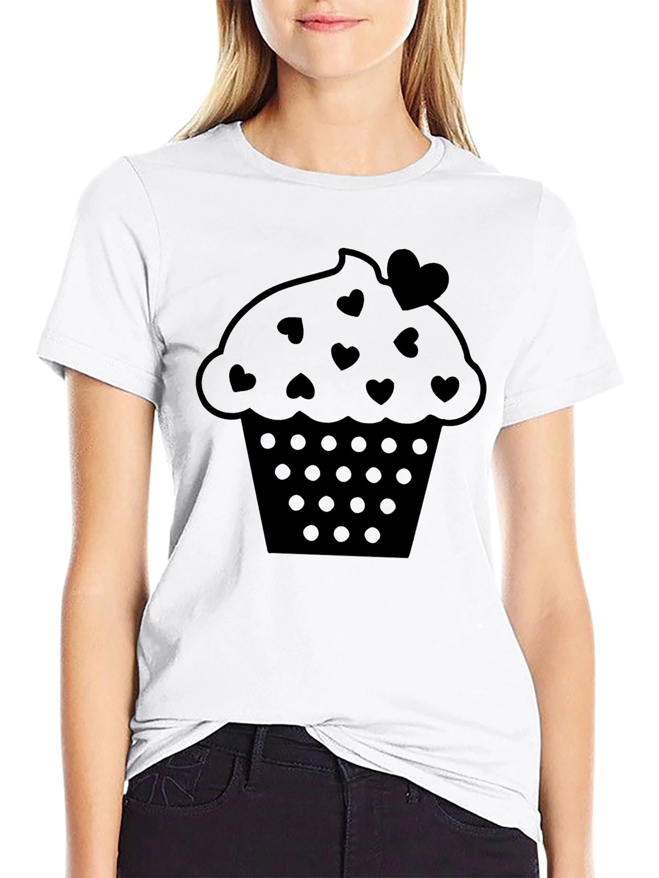 Cute Cupcake Heart Print Black T-Shirt