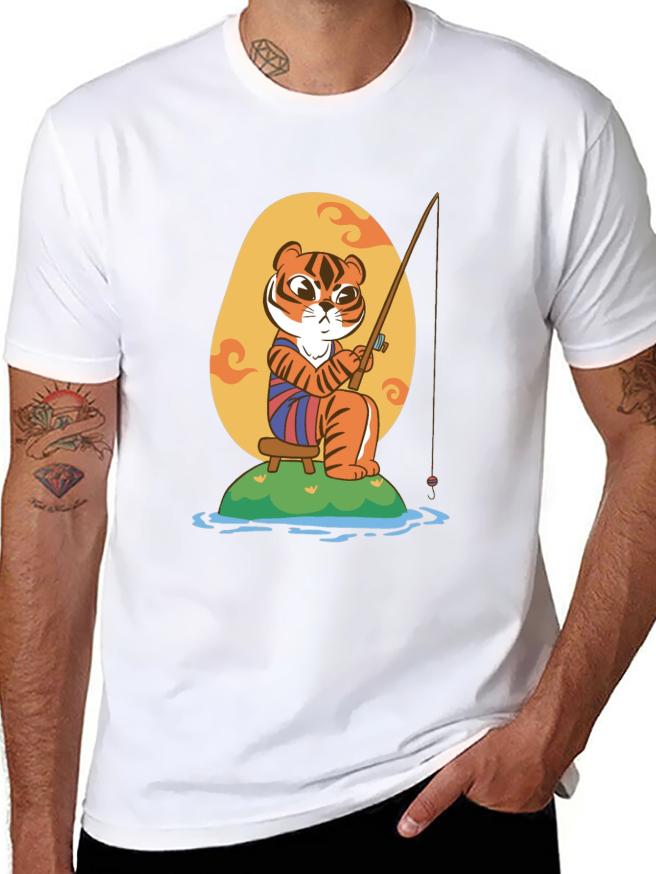 Fishing Tiger Graphic Tee - Cool Cartoon Design