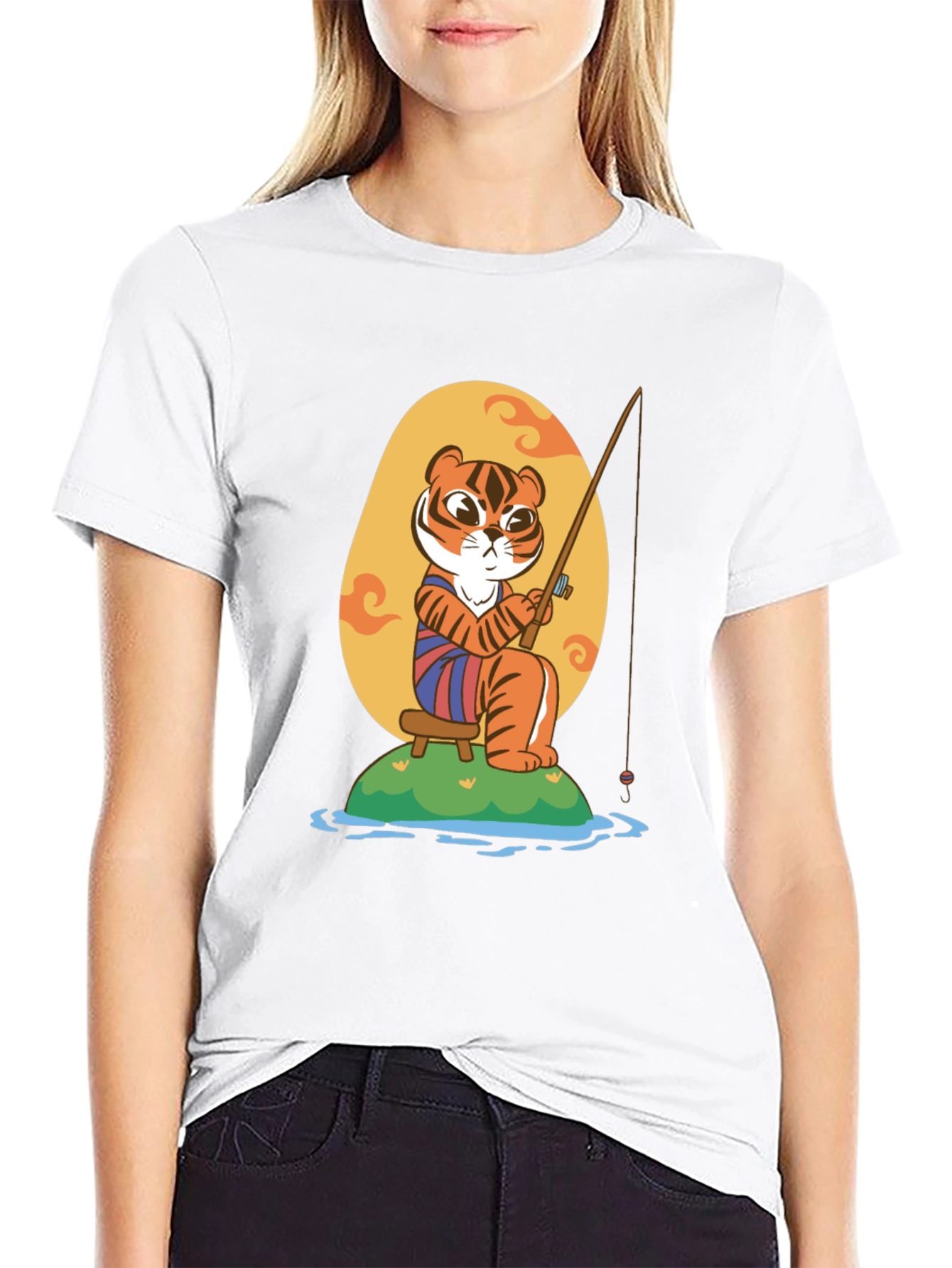 Fishing Tiger Graphic Tee - Cool Cartoon Design