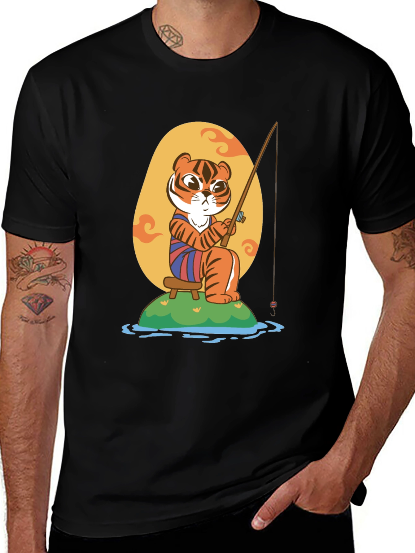 Fishing Tiger Graphic Tee - Cool Cartoon Design