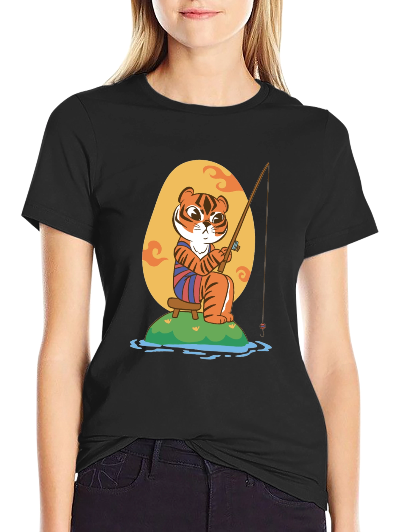 Fishing Tiger Graphic Tee - Cool Cartoon Design