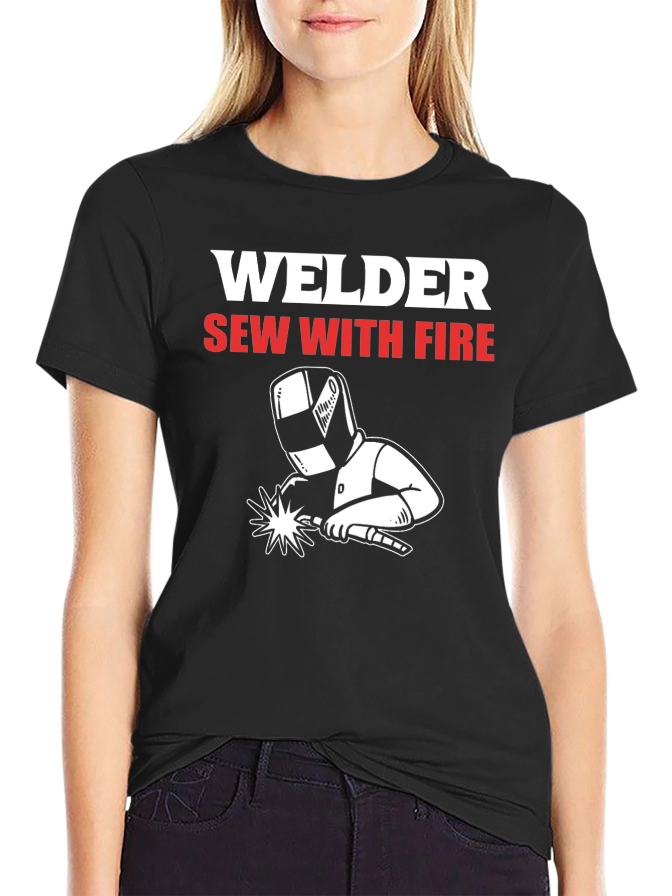 Welder Sew With Fire Black Graphic T-Shirt