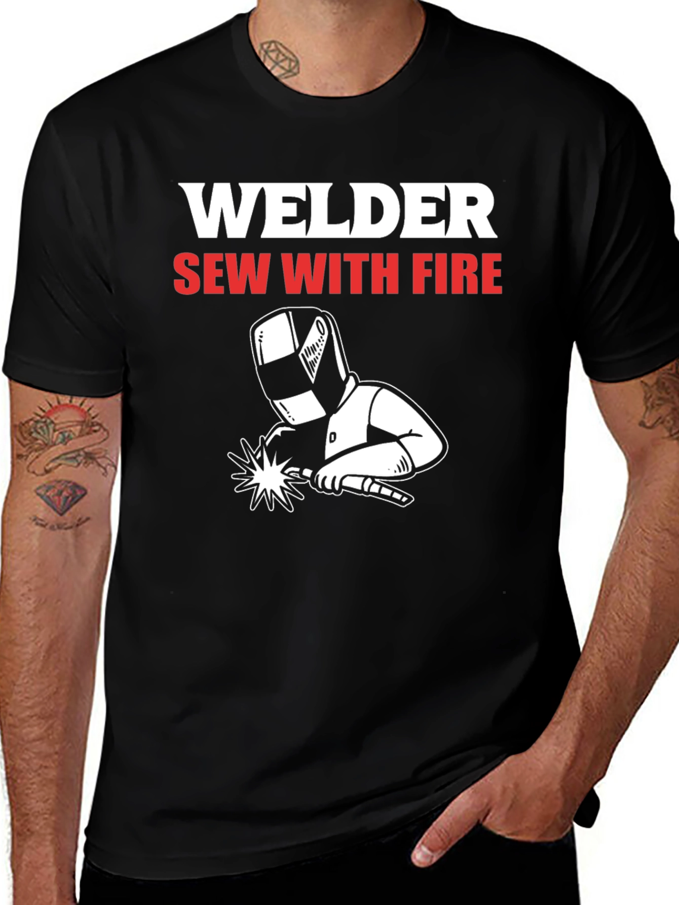 Welder Sew With Fire Black Graphic T-Shirt