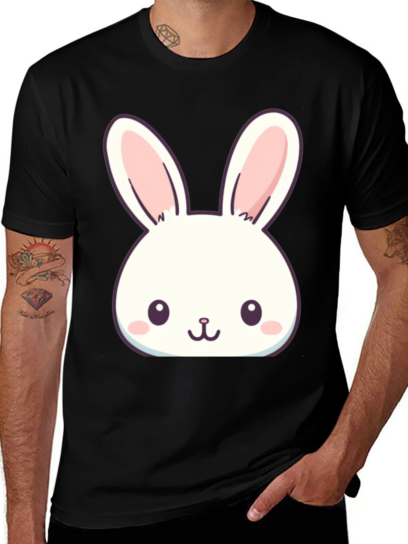 Cute Bunny Graphic T-Shirt - Black Cotton Blend