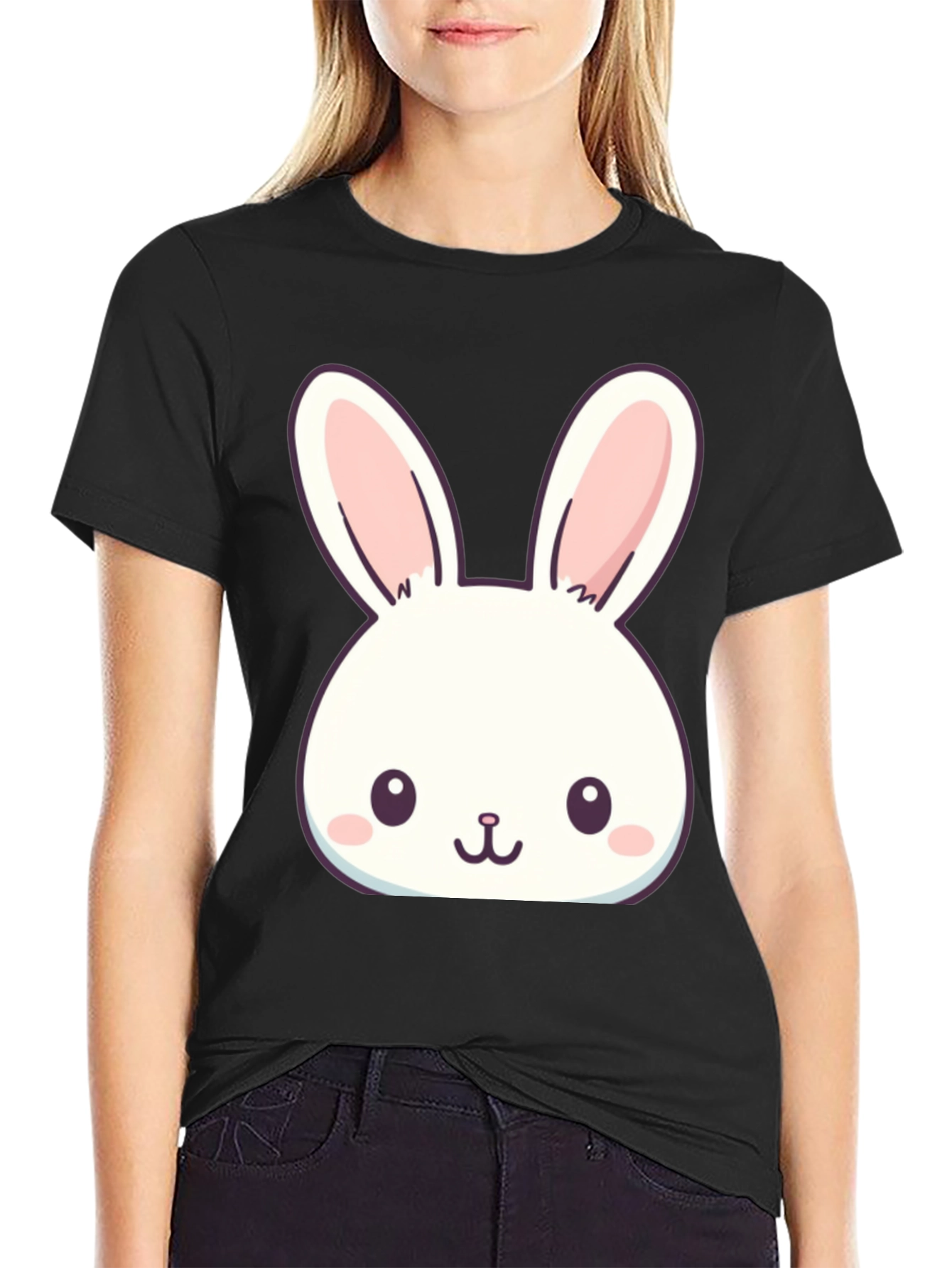 Cute Bunny Graphic T-Shirt - Black Cotton Blend