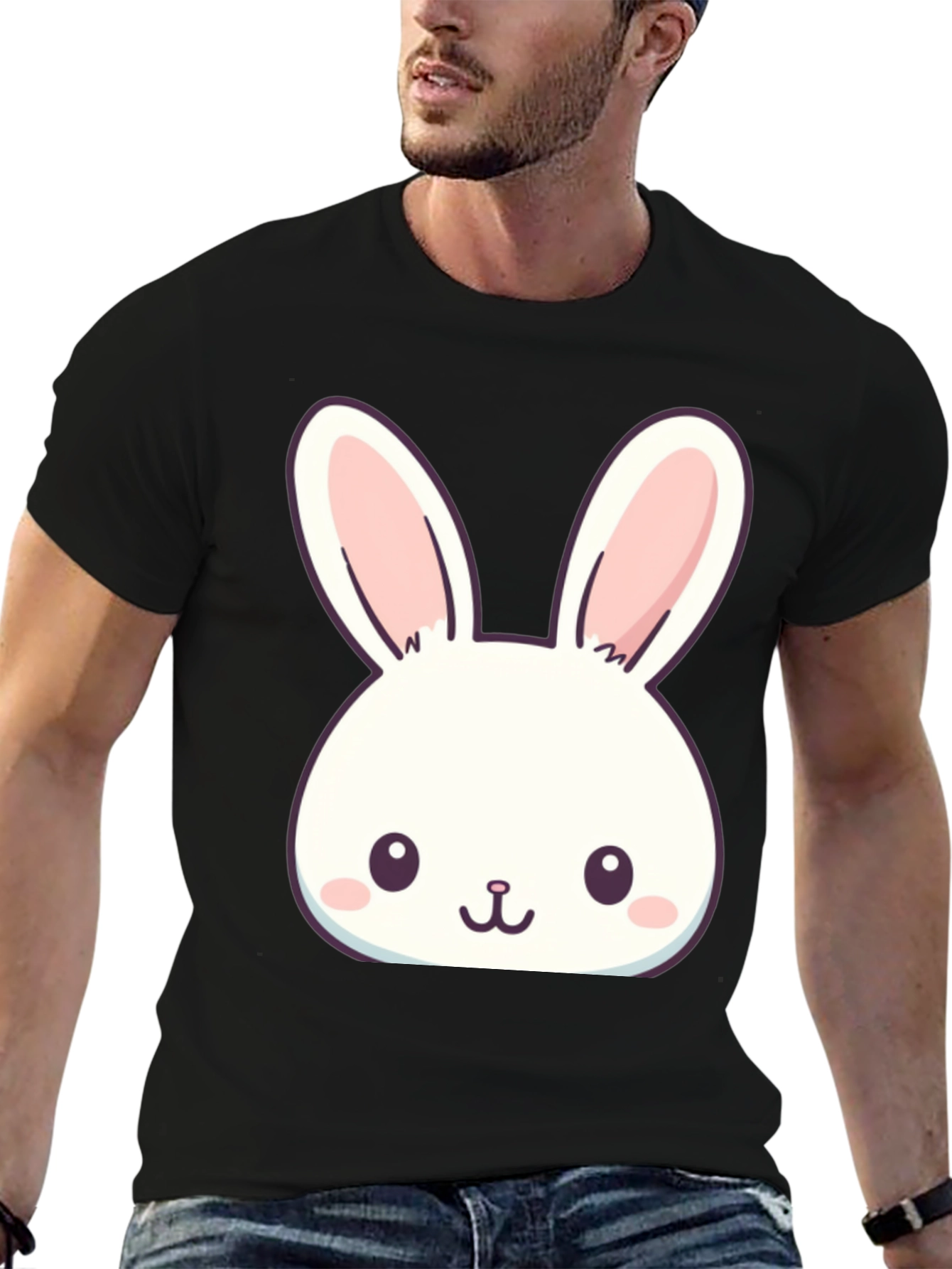 Cute Bunny Graphic T-Shirt - Black Cotton Blend