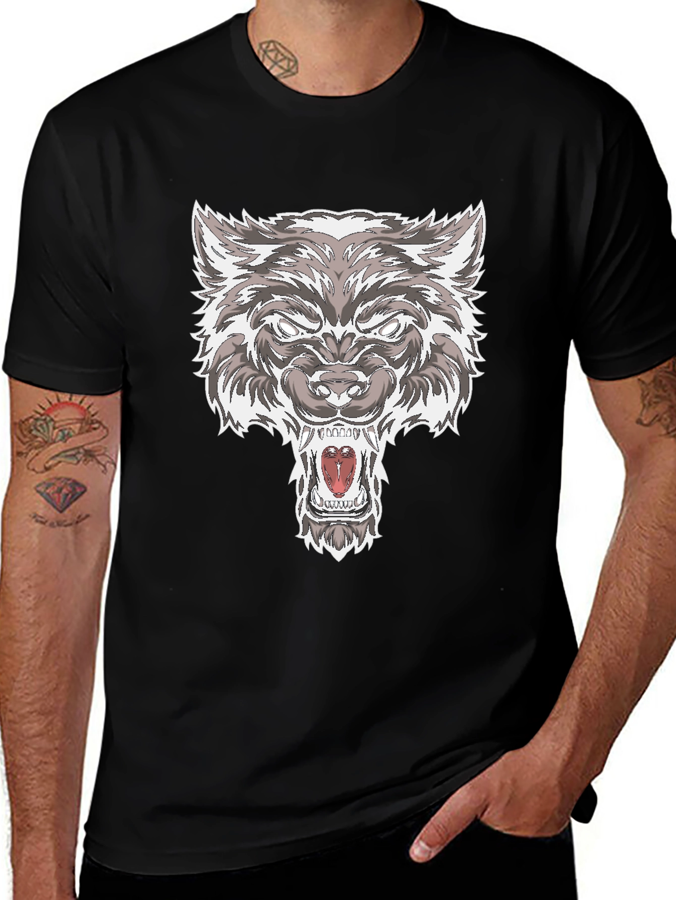 Mens Wolf Graphic Print Black T-Shirt