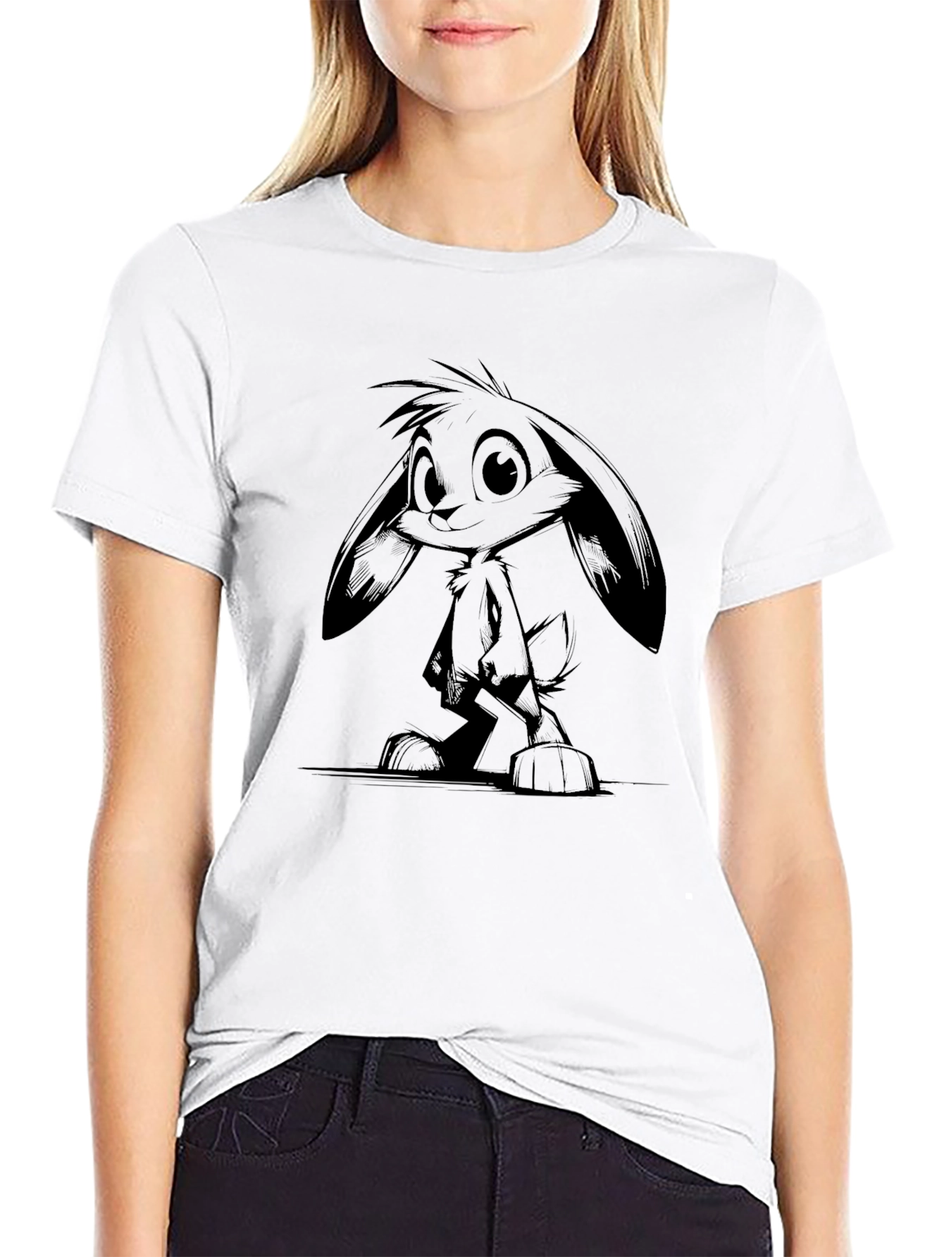 Cartoon Rabbit Graphic Black T-Shirt